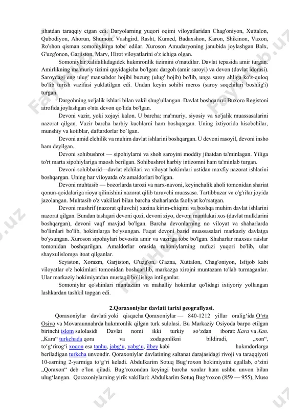 chisi somon bo'lib, uning xaltfalik oldidagi xizmatlari evaziga nabiralariga movarounnahrning turli viloyatlari noiblik sifatida beriladi. nuhga samarqand; ahmadga fargfmia; yahyoga shosh va ustmshona; ilyosga hirot beriladi. somoniylar sulolasi noiblariga dastlab ahmad, 864 yilda uning vafotidan so'ng esa o'g'li nasr boshchilik qildi. 873 yilda buxoro aholisining taklifiga binoan bu hudud ham somoniylar boshqaruviga o'tib, unga nasrning ukasi ismoil noib qilib tayinlanadi. ismoil nasrga bo'ysunmay mustaqil siyosat yurgiza boshlaydi. 886 yilda nasr va ismoil o'rtasida jang bo'lib, ismoil yengiladi. lekin ikki yildan so'ng bo'lib o'tgan keyingi to'qnashuvda ismoil g'alaba qozonadi va 892 yilgacha, ya'ni akasining vafotigacha rasmiy ravishda somoniylar hukmdori sifatida e'lon qilinmaydi. ismoil taxtga o'tirgach, mamlakatda harbiy, davlat boshqaruvi sohalarida islohotlar o'tkaziladi. ismoil somoniy 900 yilda buxoro yaqinida safforiylar qo'shinini mag'lubiyatga uchratadi va xuroson ham somoniylar davlati tarkibiga kiradi. somoniylar davlati ikki ulkan mamlakatni — movarounnahr va xurosonni o'z ichiga olgan. movarounnahrga amudaryo shimolidagi yerlar kirgan. shulardan buxoro, samarqand sug'di istaravshan, …
