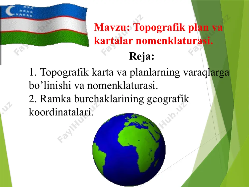 n 1 dan 60 gacha oshib boradi (1-shakl). kolonnalar va koordinata zonalari raqamlari orasidagi boglanish quyidagicha ifodalanadi: n = q — 30, n — gausskryuger koordinatalari zona raqami, q — 1:1 000 000 masshtabdagi karta kolonna raqami. kolonnalar ekvatordan boshlab, shimoliy va janubiy qutblarga tomon har 4° dan o‘tkazilgan parallellar vositasida qatorlarga bo‘linadi. qatorlar o‘rni lotin alifbosining bosh harflari bilan belgilanadi. yuqoridagi o‘tkazilgan meridian va parallellar bilan yer yuzasida 1:1 000 000 masshtabdagi kartalarning trapetsiyasi hosil bo‘ladi. har qaysi trapetsiya bitta alohida varaqda tasvirlanadi; meridian va parallel chiziqlar esa shu varaqlarning ichki ramkasi hisoblanadi. 1:1 000 000 masshtabdagi karta bir varag‘ining nomenklaturasi shu karta trapetsiyasi joylashgan qator harfi va kolonna raqamidan iborat bo‘lib, 1-shaklda toshkent sh. belgilangan trapetsiyaning nomenklaturasi k—42 boladi. 1-shakl qatorlarning qaysi yarim sharda ekanligini bilish uchun uni belgilovchi harf oldiga shimoliy yarim sharda n, janubiy yarim sharda esa s harfi yoziladi. nuqtaning geografik koordinatalari φ (kenglik) va …