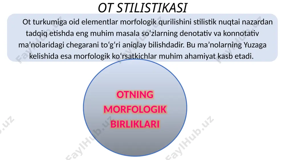iy rasmiy nutqni to‘g‘ri va ta’sirli tuzishda, nutqiy uslublarni maqsadga to‘la muvofiq shakllantirishda uslubiy bo‘yoq alohida o‘rin tutadi. uslubiy bo’yoq ikki xil bo’ladi: so’zlashuv publisistik badiiy hurmat ottenkasi ammo har ikkala komponentga ham qo‘shilib dadamlar keldilar deyish stilistik farqlanishni keltirib chiqaradi, ya’ni birinchi so‘zdagi –lar ko‘plikni anglatadi va ikkita dadaning, masalan, o‘z otasi va qaynotasining birgalikda kelganligini anglatadi. dadamlar keldi – ko’plik dadam keldilar. hurmat egalik kelishik ko‘plik: hurmat, kinoya, piching, kesatish, noaniqlik, takror, kuchaytirish, ta’kid, otning morfologik birliklari nutqiy uslublarda uslubiy bo‘yoq so’zlashuv publisistik badiiy ilmiy rasmiy nutqni to‘g‘ri va ta’sirli tuzishda, nutqiy uslublarni maqsadga to‘la muvofiq shakllantirishda uslubiy bo‘yoq alohida o‘rin tutadi. uslubiy bo’yoq ikki xil bo’ladi: so’zlashuv publisistik badiiy ta’kid, kuchaytirish, mubolag‘a ottenkalari u nihoyatda kuchli emotsionallikni ifoda etishi, poetik mahorat namunasiga aylanishi ham mumkin: umringga achinmagan ketmaydimi chiriblar badiiy uslubda ta’kid, kuchaytirish, mubolag‘a singari ottenkalar ko‘proq anglashiladi: shu ko‘zlar yulduzday abadiy kulsin, bahor yo‘llaringga to‘shasin chechak …