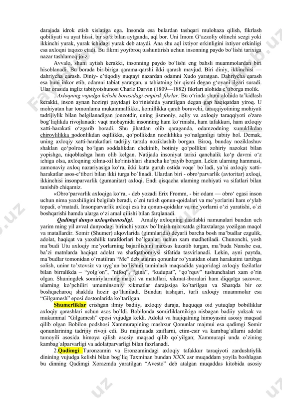 damlar uchun birdek taalluqli hisoblangan, ijtimoiy talablar hamda ehtiyojlarning munosabatlar shaklidagi ko`rinishidan iborat bo`lgan, insonga berilgan ixtiyor erkinligining xatti-harakatlar jarayonida ichki iroda kuchi tomonidan oqilona cheklanishini taqozo etuvchi ma`naviy hodisa[footnoteref:1]. [1: abdulla sher “axloqshunoslik” t.: “o`zbekiston faylasuflari milliy jamiyati” 2010. 10-bet.] axloq jamiyatda turli funksiyalarni bajaradi, ular orasida quyidagilar eng muhimi hisoblanadi. · kishilar orasidagi turli munosabatlarni muvofiqlashtirish; · kishilar faoliyatining insonparvar qadriyatlari va mo`ljallarini belgilab berish; · shaxsni ijtimoiylashtirish. ushbu vazifalarni bajarar ekan, axloq zaruriylk, aqlga muvofiqlik va umuminsoniylik namunalarini namoyish etadi. bugungi kunda axloqshunoslik falsafiy fan sifatida uch yo`nalishda ish olib boradi, ya`ni u axloqni: 1) bayon qiladi; 2) tushuntiradi; 3) o`rgatadi. shunga ko`ra, u tajribaviy-bayoniy, falsafiy-nazariy va mezoniy-me`yoriy tabiatga ega. axloqning paydo bo`lishi haqidagi diniy, empirik va genetik konsepsiyalar qadimiy ona sayyoramizdagi hayot odatda uch olamdan iborat deb qabul qilingan. bular nabotot, hayvonot va bashariyat olami; ularning o'zaro munosabatlari zaminimizdagi hayotning asosiy omili hisoblanadi. har uchalasiga ham …