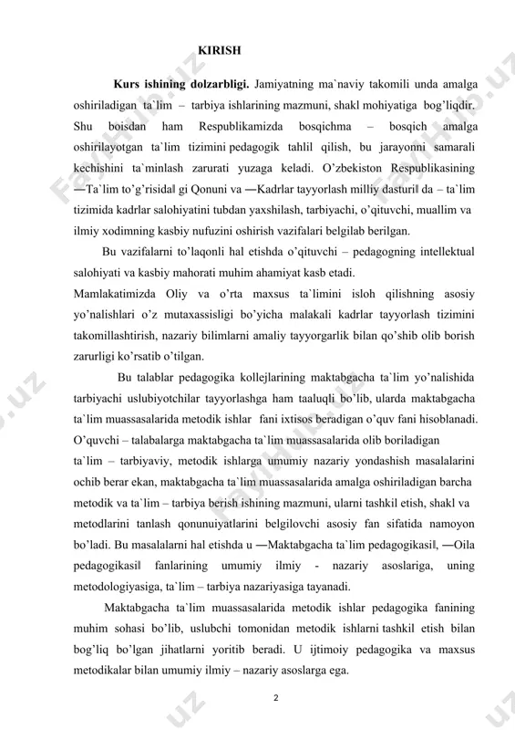metodik ishlar fani ixtisos beradigan o’quv fani hisoblanadi. o’quvchi – talabalarga maktabgacha ta`lim muassasalarida olib boriladigan ta`lim – tarbiyaviy, metodik ishlarga umumiy nazariy yondashish masalalarini ochib berar ekan, maktabgacha ta`lim muassasalarida amalga oshiriladigan barcha metodik va ta`lim – tarbiya berish ishining mazmuni, ularni tashkil etish, shakl va metodlarini tanlash qonunuiyatlarini belgilovchi asosiy fan sifatida namoyon bo’ladi. bu masalalarni hal etishda u ―maktabgacha ta`lim pedagogikasi‖, ―oila pedagogikasi‖ fanlarining umumiy ilmiy - nazariy asoslariga, uning metodologiyasiga, ta`lim – tarbiya nazariyasiga tayanadi. maktabgacha ta`lim muassasalarida metodik ishlar pedagogika fanining muhim sohasi bo’lib, uslubchi tomonidan metodik ishlarni tashkil etish bilan bog’liq bo’lgan jihatlarni yoritib beradi. u ijtimoiy pedagogika va maxsus metodikalar bilan umumiy ilmiy – nazariy asoslarga ega. maktabgacha yoshdagi bolalarni tarbiyalash va rivojlantirishning aniq qoidalari mazkur muammolarga taaluqli maktabgacha pedagogika fanining umumiy nazariy qoidalarga tayanadi. bu xol asosiy ixtisos beradigan kursning zaruriy g’oyaviy – nazariy darajasini ta`minlashga uning mazmunini maktabgacha pedagogika fani tomonida …