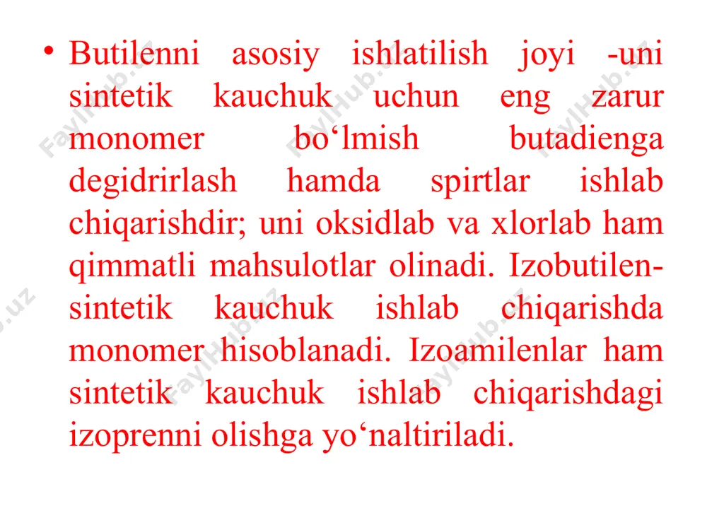 da regeneratsiya qilinib, yuzasidagi ko‘mir moddalar yoqiladi. n-butanni konversiyasi (parchalangan xomashyoni reaktordan o‘tkazilgan miqdoriga nisbati) 35% dan oshmaydi. n-butilenlami saimog‘i xomashyoni ko‘p martalab resirkulatsiya qilingandan keyin parchalangan butanga nisbatan 80% ga yaqindir. degidrirlash natijasida gazlar tarkibida 25-30% butilenlar mavjud bo‘lib, ular butan-butilen fraksiyasidan suvli aseton yordamida ekstraktiv hay- dash bilan ajratib olinadi. bunda butilenlar miqdori 77% gacha ortadi. n-butilenlarni degidrirlash n -butilenlarni degidrirlash quyidagi sxema bo‘yicha ketadi: reaksiya yuqori tem peraturada (620-650°c) va quyi parsial bosimda (70-100/w/w simob ustuni)da olib boriladi. u glevodorodlarni parsial bosimini suv bug‘lari balan suyultirish (bug’ 1: butilenlar=10+20:1 m olyar nisbatda) hisobiga pasaytirishga erishiladi. katalizator sifatida k-16 (temir, magniy, xrom, rux va kaliy oksidlari) yoki knf (kalsiy nikelfosfatli), ya’ni suv bug‘ini sezm aydigan katalizatorlar ishlatiladi. etilenni neft kimyo sanoatida ishlatilishi neft kimyoviy sanoatida toʼrtta uglevodorod: etilen, propilen, butadien va benzollar muhim ahamiyatga ega. neftkimyoviy mahsulotlarining koʼp qismi shu moddalar asosida ishlab chiqariladi. mahsulotlar isteʼmol qilish, % …