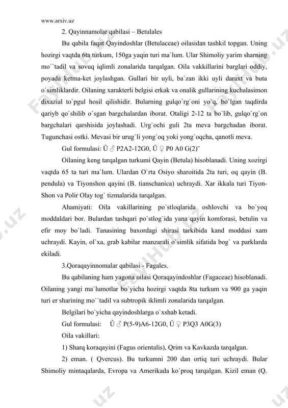 aydi. bular shimoliy mintaqalarda, evropa va amerikada ko`proq tarqalgan. kizil eman (q. robur) bizning sharoitimizda manzarali o`simlik sifatida shaxar ko`chalari va xiyobonlarida o`stiriladi. 3) kashtan (castanea sativa). kashtanning bu turi kavkazda mevasi uchun ekiladi. 4. yong`oqnamolar qabilasi - juglanolales. bu qabila faqat yong`oqdoshlar (juglandaceae) oilasidan iborat bo`lib, 7ta turkum, 60 ga yaqin turga ega. ularning xayotiy shakli daraxt, qamdan kam xollarda buta. osiyoning tropik xududlaridan boshlab, shimoliy amerikagacha tarqalgan. bir o`yli ayrim jinsli o`simlik. barglari yirik, yonbargsiz, patsimon murakkab, bezli tukchalari xidli efir moylarini tarqatadi. oilaning keng tarqalgan turlaridan chin yong`oq (j.regia). bu o`simlik o`rta osiyoning tog`li zonalarida yong`oqzor-o`rmonlarni hosil qiladi. bo`yi 40-50 metrga etib boradi. changchi gullari, o`tgan yilgi novdaning tushib ketgan barg qo`ltig`idan chiqib kuchala tarzida osilib turadi. changchilar soni 8-40 tagacha. urugchisi 1 ta yoki bir nechta. xar qaysi urug`chi gulini 2 ta yonbargi va 4 ta bargchalari bilan qushilib o`sib mevaning po`stlog`ini hosil qiladi. urug`chi 2ta …