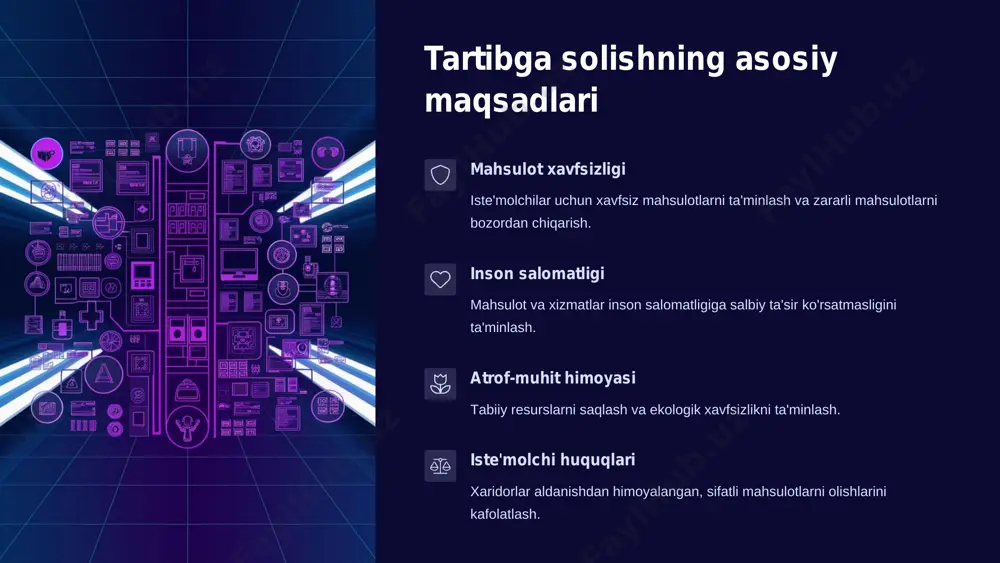 i • tadbirkorlar uchun ma'lumot olish qiyinligi takomillashtirish takliflari • "bir darcha" tamoyili asosida xizmat ko'rsatish • elektron hujjat aylanishiga to'liq o'tish • xalqaro tashkilotlar bilan hamkorlikni kuchaytirish • ta'lim va maslahat xizmatlarini kengaytirish kelajak tendensiyalari raqamlashtirish barcha tekshiruv va nazorat jarayonlarini avtomatlashtirish. blokcheyn sertifikatlashtirishda blokcheyn texnologiyasidan foydalanish. global integratsiya barcha standartlar va reglamentlarni xalqaro darajaga ko'tarish. sun'iy intellekt muvofiqlikni baholash uchun ai texnologiyalarini joriy etish. xulosa va tavsiyalar ishlab chiqaruvchilar uchun reglament talablarini doimiy kuzatib boring va o'z vaqtida o'zgarishlarga moslashing. sifat nazorati tizimlarini joriy eting va doimiy takomillashtirib boring. davlat organlari uchun tadbirkorlar uchun qo'llanmalar ishlab chiqing va maslahat markazlari tashkil eting. xalqaro standartlarga o'tishni tezlashtiring va jarayonlarni soddalashtiring. iste'molchilar uchun mahsulot xarid qilishda sertifikat va muvofiqlik belgilariga e'tibor qarating. muammolar yuzasidan tegishli nazorat organlariga murojaat qiling.