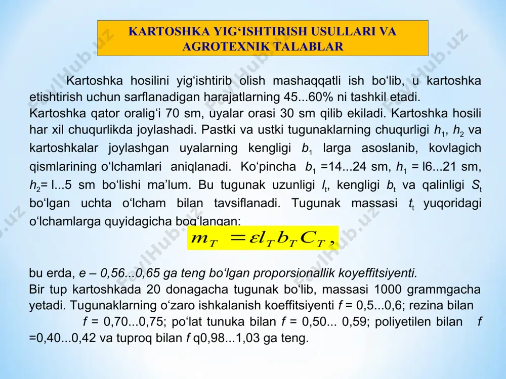 angan tirkamalar tirkalib, kovlab olingan kartoshka tozalanib, koplanadi. 3. kartoshka kombayn yordamida ko‘l mehnatisiz yig‘ishtiriladi. kombayn bilan yig‘ishtirish usuli uch bosqichdan iborat: 1. kombayn yordamida bir yo‘la yig‘ishtirish. 2. kombayn yordamida bo‘laklab (ko‘p fazali) yig‘ishtirish. 3. qurama (kombinatsiyalashgan) usulda kombaynlash. kartoshkani bevosita kombayn yordamida yig‘ishtirganda kombayn bir yo‘la kartoshkani kovlab, terib va tozalab to‘playdi. * kombayn bilan bo‘laklab yig‘ishtirganda esa avvaliga tugunaklar kartoshka kovlagich yordamida yer yuzasiga uyumlanadi, so‘ngra tuprog‘i qisman qurigach, ularni kombayn bilan terib olinadi. bu usul tuproq namligi me’yoridan ortiq bo‘lgan joylarda qo‘llaniladi. ushbu ishlarni bajarish uchun oddiy kovlagichlar, kovlab-elagichlar, ishchilar uchun tozalash stollari bilan jihozlangan tirkama ulangan kovlagichlar, kartoshkani kovlab uyumlagich va nihoyat kombaynlardan foydalaniladi. yig‘ishtirish usuli va ishlatiladigan mashina mahalliy tuproq turi, uning namligi, paykal o‘lchamlari va notekisligi, tishlar miqdori, hosildorlik va boshkalarni e’tiborga olgan holda tanlab olinadi. masalan, qumloq yerlardagi kartoshkani kombayn yordamida yig‘ishtirilsa, samaraliroq bo‘ladi. oddiy kovlagichlar qo‘sh kanotli ariqolgichlarga o‘xshagan bo‘lib, tugunaklarni …