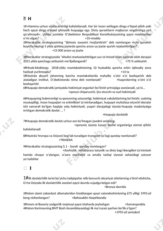 vi, ovoz berish yo‘li bilan xalq fikrini aniqlash qaysi atamaga muvofiq keladi? +referendum 7#dastlab qaysi shahar qal’ai rahimbiy deb nomlangan? +qo‘qon 8#“davlat bepul umumiy o‘rta ta’lim va boshlang‘ich professional ta’lim olishni kafolatlaydi. umumiy o‘rta ta’lim majburiydir.” o‘zbekiston respublikasi konstitutsiyasining nechanchi moddasi? +50-modda 9#dinlararo bagrikenglik deb nimaga aytiladi? +barchasi 10#demokratik jamiyatga o‘tishning barcha mamlakatlar uchun yagona bo‘lgan aniq andozalari, yana ham aniqrog‘i, modellari mavjudmi? +yo‘q, taraqqiyotni hech qachon bir qolipga solib bo‘lmaydi, unga harakat qilish nafaqat hech qanday samara beribgina qolmasdan, balki og‘ir oqibatlarga olib kelishi mumkinligini tarixiy tajriba tasdiqlagan  f 1#fransiyaning pejo sitroen korparatsiyasi bilan birgalikda qaysi viloyatda avtomobil zavodi qurilishi rejalashtirilgan? +jizzax g 1.#“garchi ular doimiy yashash joyiga ega bo‘lmasa ham, lekin ularning har birining ajratib berilgan yeri bor”. xitoy manbalarida bildirilgan ushbu ma’lumot kimlarga tegishli? +turklar  h 1#«hamma uchun vijdon erkinligi kafolatlanadi. har bir inson xohlagan dinga e’tiqod qilish yoki hech qaysi dinga e’tiqod qilmaslik huquqiga …
