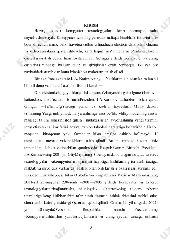 rot – kommunikatsion texnologiyalardan foydalanish maqsadgamuvoffiqdir.hozirgi zamon mutaxasislari, faoliyat doiralari qanday bo‘lishidan qat‘iynazar informatika bo‘yicha keng ko‘lamdagi bilimlarga, zamonaviy hisoblashtexnikasi, informatsion aloqa va kommunikatsiya tizimlari, orgtexnika vositalari vaulardan foydalanish borasida yetarli malakalarga ega bo‘lishi, hamda yangiinformation texnika va texnologiya asoslarini uning ertangi kuni, rivojito‘g‘risidagi bilimlarni o‘zida mujassamlashtirgan bo‘lishi kerak. zamonviyhisoblash texnikasi va informatsion texnologiyalarning kun sayin rivojlanib,jamiyatning esa tobora informatsiyalashib borishi sababli, uzluksiz ta‘limtizimining o‘rta va yuqori bosqichlariga informatika, ishlab chiqarish vaboshqarish jarayonlarini kompyuterlashtirish bo‘yicha bir qator o‘quv fanlarikiritilgan. yigirmanchi asr o‘rtalariga kelib tezkor mashina mexanizmlaridanfoydalana boshlandi. murakkab texnika va texnologiyalar o‘ylab topildi. ko‘pginamasalalarni hal qilish jarayonida axborot hajmi behisob bir majmuaga aylandi,hamda bu axborotlarni yig‘ish va uzatish vositalarini yaratish, ularni vaqtida qaytaishlab, boshqarish uchun zarur bo‘lgan choralarni belgilab chiqish kerak bo‘ladi.ko‘pchilik vazifalarni bajarishda boshqarish jarayonini takomillashtirish, axborottizimini joriy etish, mutaxassislarni kompyuterda ishlashga o`rgatish muhimahamiyatga ega. kurs ishining dolzarbligi: ushbu kurs ishi hozirgi kunda kompyuterda berilgan masalalarni dasturlash tillari orqali …
