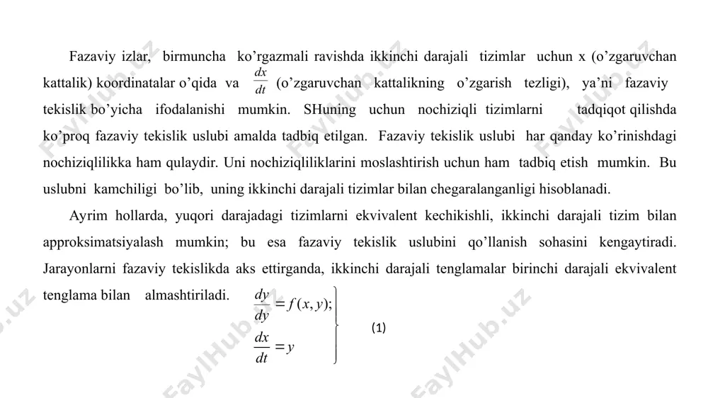 x(t) shaklga ega bo’lsa, unda tizimdagi o’tkinchi jarayon quyidagi tenglama bilan aniqlanishi mumkin: avtomatik boshqarish tizimlarini o’tkinchi jaraѐnini tadqiqot qilish uchun differentsial yoki integral tenglamalardan foydalaniladi. parametrlari to’plangan tizimlar uchun bu oddiy differentsial tenglamalar bo’lsa, parametrlari taqsimlanganlar uchun xususiy hosilali differentsial tenglamalar bilan ifodalanadi. har qanday tizimda eng katta yuklanishlar, zo’riqishlar, xatolar o’tkinchi jaraѐn paytida yuz beradi. bundan tashqari o’tkinchi jaraѐn vaqtida bir qator qurilmalarda, tizimlarda katta energiya isroflari hosil bo’ladi. ana shu holatlarni sifat va son jihatdan aniqlash uchun differentsial tenglamalarni yechish, ularning ildizlarini aniqlash kerak. ildizlarni kompleks tekislikning qaerida, qaysi qismida joylashganiga qarab tizimning barqaror yoki beqaror ekanligini, o’tkinchi jaraѐn xususiyatlari, tizimda yuz berishi mumkin bo’lgan zo’riqish, tezkorlik, xato kabi ko’rsatkichlarining chegaralarini bilib olish mumkin. etiboringiz uchun rahmat dt dx ï ï þ ï ï ý ü = = y dt dx y x f dy dy ); , ( y y x f dt dy ) , …