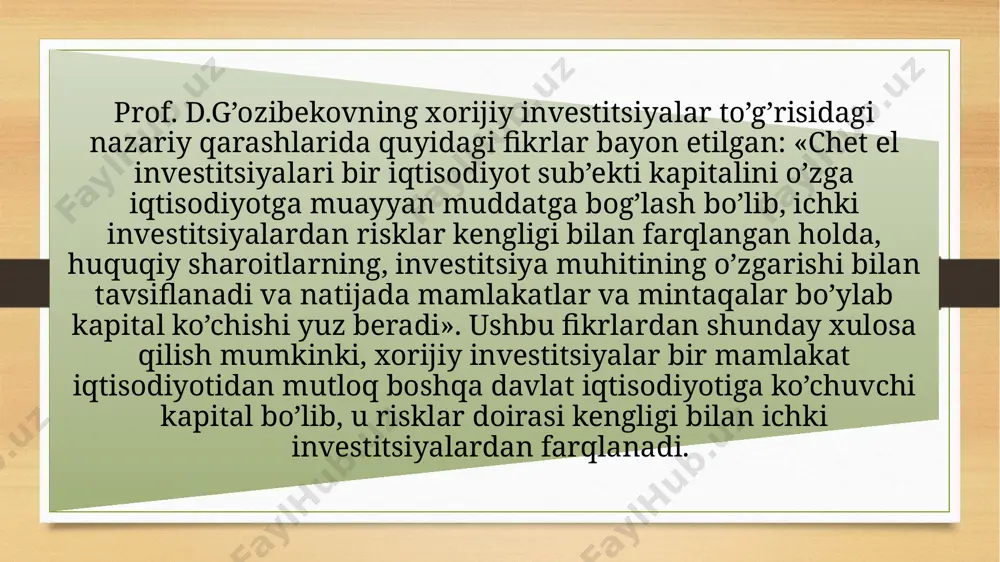 ustidan to’liq egalik qilishini; – xorijiy investor tomonidan investitsiya kiritilayotgan ob’ekti ustav kapitalining 10 %dan kam bo’lmagan qismi ustidan nazorat o’rnatishini; – xorijiy investorning investitsiya kiritilayoggan ob’ektlarni boshqarishda samarali qatnashishini; – mustahkam iqtisodiy munosabatlarni o’rnatish hamda korxona ustidan nazorat xuquqini qo’lga kiritish maqsadida kapital va resurslarning transchegaraviy harakatini qamrab oladi. to’g’ridan-to’g’ri xorijiy investitsiyalarning o’zbekistonga kirib kelishi qisqa vaqt ichida mulkchilikning turli shakllarini tashkil topishiga ko’maklashdi, o’zbekiston iqtisodiyotida tarkibiy qayta qurishni, nufuzli tarmoqlarning barpo etilishini ta’minladi. eng muhimi, o’zbekiston iqtisodiyotining baynalmilallashini va o’zbekistonning xalqaro bozorga o’z mahsulotlarini olib chiqishini va u erda o’z o’rniga ega bo’lishini ta’minladi. to’g’ridan-to’g’ri xorijiy investitsiyalarning kirib kelishi respublikamizda xususiylashtirish jarayonlarini tashkil etish bosqichlari bilan bog’liq bo’ldi. shu bilan bir qatorda, respublikada iqtisodiy islohotlarning huquqiy poydevorini yaratish ham, to’g’ridan-to’g’ri xorijiy investitsiyalar oqimlari shakllarini belgilab berdi. to’g’ridan-to’g’ri xorijiy investitsiyalarning oqimlari: – o’zbekiston iqtisodiyotida qo’shma korxonalarning barpo etilishiga asos soldi; – xorijiy korxonalar barpo etilishiga zamin yaratdi. e’tiboringiz uchun …