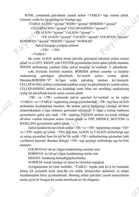 k n 3 katak n 4 endi masala shartini biroz qiyinlashtiramiz. faraz qilaylik siz web-sahifasiga joylashtirmoqchi bo’lgan jadval uch katakdan iborat bo’lib u qo’ydagi ko’rinishga ega: 9-rasm. uch katakli jadval bunga o’xshash jadvallarni html yordamida tasvirlashni hech qanday qiyinchiligi yo’q. u xuddi birinchi jadval kabi ikki qatordan iborat. ammo uning birinchi qatorida xuddi oldingidek ikki katak, ikkinchisida esa bir katak joylashgan. shuning uchun ikkinchi qatorni tasvirlashda faqat bir marta tegidan foydalanish zarur. misol2> katak n 1 katak n 2 katak n 3 image6.png image1.png image2.png image3.png image4.png image5.png