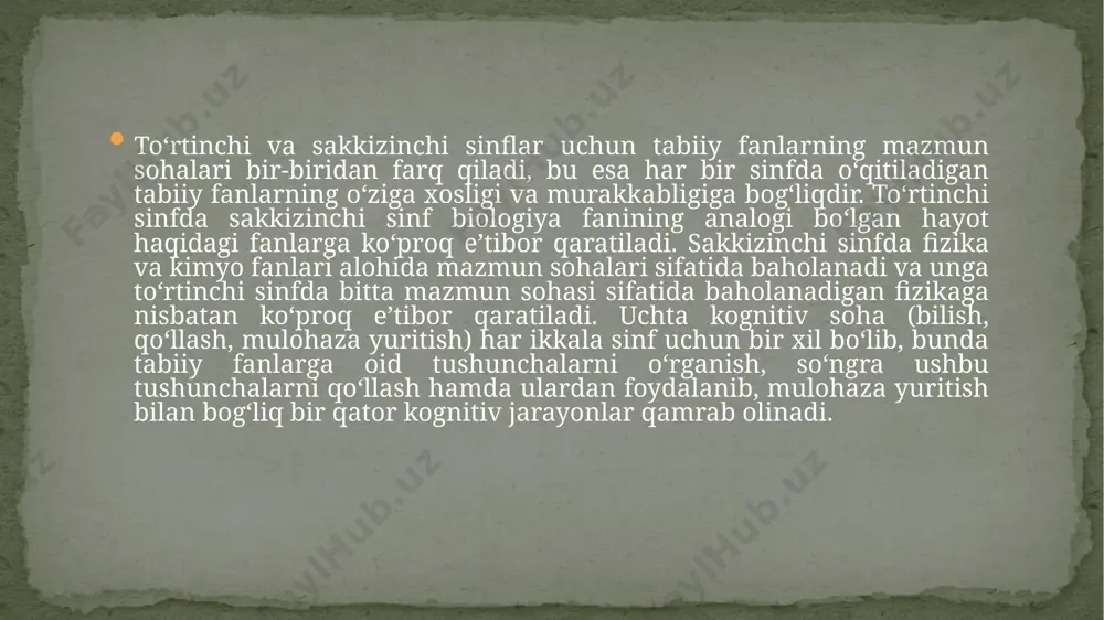arqlash. c. yashab qoladigan avlod sonini oshirishga xizmat qiladigan har xil usullarni bilish va tavsiflash (masalan, o‘simliklarning ko‘plab urug‘ hosil qilishi, sutemizuvchilarning nasliga g‘amxo‘rlik qilishi). organizmlar, atrof-muhit va ularning o‘zaro munosabatlari 1.tirik organizmlarning yashash muhitida ularning yashab qolishiga imkon beradigan tuzilish belgilari va xulq-atvori: o‘simlik va hayvonlarning tuzilish belgilarini ularning yashash muhiti bilan bog‘lash va bunday tuzilish belgilari ularning yashab qolishiga qanday yordam berishini tasvirlash (masalan, yo‘g‘on poya, mum qoplami va uzun ildiz o‘simlikka suv kam bo‘lgan muhitda yashashga imkon beradi; hayvonning rangi yirtqichlardan yashirinishga yordam beradi). b. hayvonlarning xulq-atvorini ularning yashash muhiti bilan bog‘lash va bunday xulq-atvor ularning yashab qolishiga qanday yordam berishini tasvirlab berish (masalan, ozuqa taqchilligi davrida hayvonlar migratsiyasi yoki qishki uyquga ketishi ularning yashab qolishiga yordam beradi). 2. yashash muhiti sharoitlariga tirik organizmlarning munosabati: a. o‘simliklar yashash muhiti sharoitlariga qanday munosabatda bo‘lishini tushunish va tasvirlash (masalan, mavjud suv miqdori, quyosh nuri miqdori). b. turli xil hayvonlar …