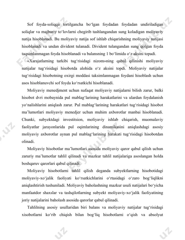 aruv qarorlari qabul qilinadi. moliyaviy hisobotlarni tahlil qilish deganda subyektlarning hisobotidagi moliyaviy-xo‘jalik faoliyati ko‘rsatkichlarini o‘rtasidagi o‘zaro bog‘liqlikni aniqlashtirish tushuniladi. moliyaviy baholashning mazkur usuli natijalari bo‘yicha manfaatdor shaxslar va tashqilotlarning subyekt moliyaviy-xo‘jalik faoliyatining joriy natijalarini baholash asosida qarorlar qabul qilinadi. tahlilning asosiy usullaridan biri balans va moliyaviy natijalar tug‘risidagi xisobotlarni ko‘rib chiqish bilan bog‘liq hisobotlarni o‘qish va absolyut miqdorlarni o‘rganish hisoblanadli. hisobotlarni o‘kish subyektning jalb qilingan mablag‘larining asosiy manbalari tug‘risidagi xulosalar qilish, ularni quyilmalar qilish yo‘nalishlari tug‘risidagi axborotlar olish, pul mablag‘larini olish manbalari tug‘risida ma’lumotlar olish, subyektning tashkiliy strukturasi va uning faoliyat yo‘nalishlari, dividend siyosati va boshqalar to‘g‘risida axborotlarga ega bo‘linadi. biroq, bu axborotlar, o‘zining ahamiyatliligiga karamasdan, boshqaruv qarorlari qabul qilishda, xususan, moliyaviy menejment qarorlarini uchun subyektning faoliyatining asosiy ko‘rsatkichlari dinamikasini baholash va uni boshqa turdosh subyektlar bilan solishtirish imkoniyatini tuligicha ta’minlamaydi. shuning uchun ham solishtirma tahlil kursakichlaridan ham amaliyotda keng foydalaniladi. gorizontal tahlil, hisobot ko‘rsatkichlarining oldingi yillarga nisbatan, turli moddalarini …