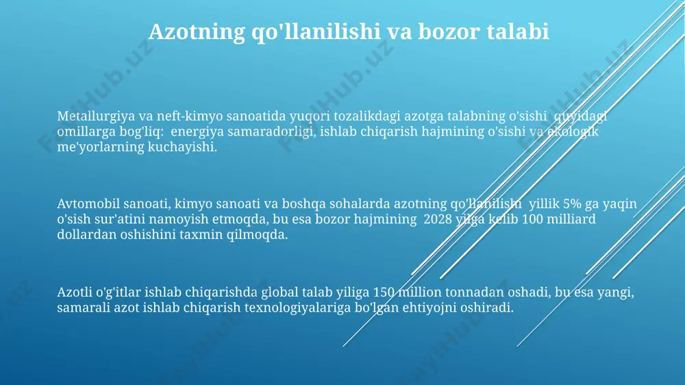 talizatorlar va jarayonlarning qo'llanilishi natijasida, azot ishlab chiqarish texnologiyalari yanada takomillashdi, bu esa ishlab chiqarish xarajatlarini kamaytirishga yordam berdi. katalizatorlar va ularning roli азот ишлаб чиқаришда ишлатиладиган темир катализаторлари 300-500°c да ишлайди ва уларнинг фаоллиги промотерлар, масалан, k2o ва al2o3 билан оширилади. аммиак синтезида ишлатиладиган катализаторларнинг самарадорлиги, 10-20% гача бўлган умумий активликка эга бўлган, темирнинг дисперсия даражасига боғлиқ. рутенийга асосланган катализаторлар, юқори босим ва ҳароратда (200-300 атм, 400-500°c) азот(ii) оксидини аммиакка айлантиришда юқори самарадорликка эга. azot oksidlarini kamaytirish texnologiyalari sncr (selective non-catalytic reduction) usuli, 900-1050°c harorat oraligʻida ammiak yoki siydikchoʻkmaning nox bilan reaksiyasiga asoslanib, nox emissiyasini 30-50% ga kamaytiradi. azot oksidlari emissiyasini 80% gacha kamaytiruvchi selektiv katalitik reduksiya (scr) texnologiyasi, nox gazlarini ammiak yordamida azot va suvga aylantiradi. ushbu texnologiyalarni qoʻllash natijasida havoga chiqayotgan nox miqdori sezilarli darajada kamayib, atrof-muhit ifloslanishini 2-3 barobarga qisqartirish mumkin. azot saqlash va tashish texnologiyalari yuqori bosimli tsilindrlar orqali azot tashish, 200 bargacha bosimga chidamli …