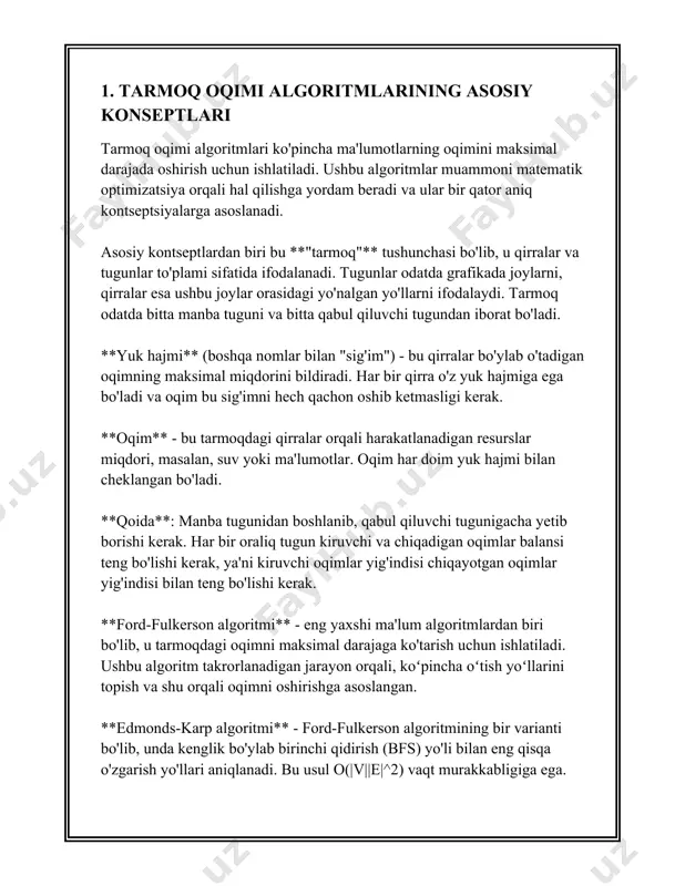 masalasining maqsadi tarmoqda berilgan manba (source) va maqsad (sink) orasidagi oqimni maksimal qilishdir. bu masalada bir necha algoritmlar qo‘llaniladi: - ford-fulkerson algoritmi: bu algoritm har bir iteratsiyada qoldiq graflarda oqimni oshirish yo‘lini topish orqali ishlaydi va polinomial bo‘lmagan algoritm sifatida tasvirlanadi. - edmonds-karp algoritmi: ford-fulkerson algoritmining takomillashtirilgan versiyasi bo‘lib, kenglik bo‘yicha birinchi qidiruvni (bfs) qo‘llash orqali ishlaydi va o(ve^2) vaqtda maksimal oqimni topadi. - dinits algoritmi: bu algoritm ham maksimal oqimni izlashda qo'llaniladi va o(v^2e) murakkablikka ega. 3. **minimal xarajatli oqim masalasi**: bu masalaning maqsadi ma’lum oqimni tarmoqda minimal xarajat evaziga harakatlantirishdir. bu masala uchun algoritmlar: - potentsialli reduksiyali bellman-ford algoritmi: minimal xarajatli oqim masalasini hal qiladi, ammo o(ve) murakkablikka ega. - johnson algoritmi bilan birgalikda qo‘llash: bu algoritm chirik qirralar mavjud bo‘lmagan hollarda samarali bo‘lib, o(v e log v) murakkablikda ishlaydi. 4. **tarmoq oqimini muvozanatlash**: bu yerda masalalar orasida oqimning ikkita parallel yo‘l bo‘yicha teng bo‘lishini ta'minlash yoki ma'lum …