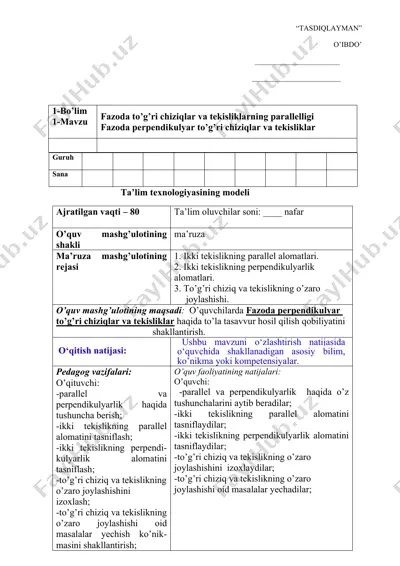 fazoda perpendikulyar to’g’ri chiziqlar va tekisliklar – ta’lim texnologiyasining modeli — DOCX