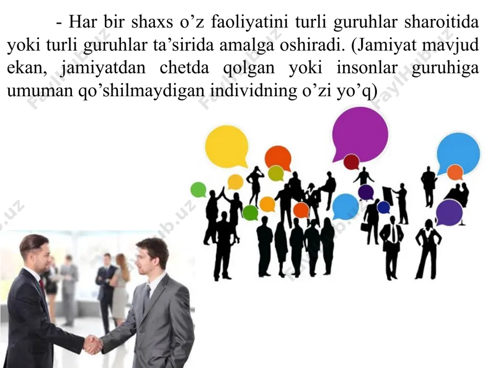 ‘lsa, ular o‘rtasidagi o‘zaro munosabatlar juft bo‘lgan holdagidan ancha yaxshi bo‘ladi. (boshqaruv psixologiyasida odamlarni biror nimaga saylashda va umuman rasmiy tanlovlarda guruhdagi odamlar soni toq qilib olinadi) shaxsning guruh taz’yiqiga berilishi va bo‘ysunishi ham guruh a’zolarining soniga bog‘liq. guruh soni 4-5 kishi bo‘lgunga qadar, uning ta’siri kuchayib boradi, lekin undan ortib ketgach, ta’sirchanlik kamayib boradi. (ko‘chada sodir bo‘lgan baxtsiz hodisaning guvohlari soni ortib borgan sari, jabrlanganga yordam berishga intilish, masuliyat hissi pasayib boradi) 24 turli guruhlar inson hayotida bir necha funksiyalarni bajaradilar: ijtimoiylashtiruvchi funksiya; instrumental, ya’ni, aniq mehnat funksiyalarni amalga oshirishga imkon beruvchi muhit; ekspressiv - odamlarning o‘zgalarning tan olishlari, hurmatga sazovor bo‘lish, ishonch qozonishini ta’minlash; qo‘llab - quvvatlash, ya’ni, qiyin paytlarda, muammolar paydo bo‘lganda odamlarni birlashtirish funksiyasi. guruhning dinamik jarayonlar guruhning shakllanish jarayoni, liderlik va guruhda turli qarorlarni qabul qilish jarayoni, guruhning har bir shaxsga ta’siri kabilar tushuniladi guruhning shakllanishi, paydo bo‘lishi uchun jamiyat ehtiyojlari va ijtimoiy talablar asosida …