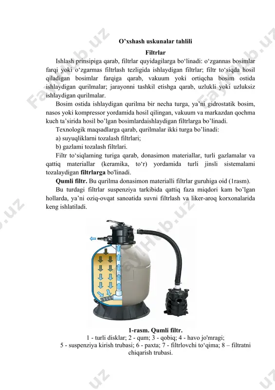 rton, belting va sintetik tolalarni qo’llash mumkin. sintetik tolalaming afzalligishundaki, ular yuqori mexanik mustahkamlik, termik va kimyoviy chidamlilikka ega. sintetik tolalardan, zichligi asta – sekin o‘zgaradigan, filtr to‘siqlar tayyorlash mumkin. bunday filtr qattiq faza miqdori kam bo’lgan suspenziyalami filtrlashda juda qo’l keladi, chunki zarrachalar uning butun balandligi bo‘ylab cho‘kadi. filtming tashqi qatlamida yirik, ichki qatlamlarida esa mayda zarrachalar ushlanib qoladi. bunday selektiv filtrlash jarayon tezligi yuqori bo’lishi, kovakchalar yuzasini to’lib qolish oldini oladi va filtming xizmat muddatini uzaytiradi. romli filtr - press. bunday filtrlar suspenziyalar (masalan: vino, pivo, sut mahsulotlar) ni tozalash uchun qo‘llaniladi (3-rasm). filtrlovchi blok orasida filtr to‘qima yoki karton joylashgan almashuvchi rom va plitalardan tashkil topgan. rom va plitalar yo‘naltiruvchi 6 da siquvchi vint 7 yordamida qisib qo‘yiladi. odatda filtr metall stanina 8 da o‘matiladi. 3-rasm. romli filtr-press. 1 - tayanch plita, 2 - rom; 3 -plita; 4 - filtr to‘siq; 5 - harakatchan plita; 6 - …