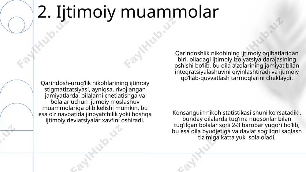 tariladi, bu odatiy nikohga nisbatan ancha yuqori. genetik mutatsiyalarni yashirin tashuvchilar bo'lgan qarindoshlar o'rtasidagi nikoh autosomal retsessiv kasalliklar ehtimolini 25% gacha oshiradi. tug'ilishda o'lim xavfi 2-3 baravar yuqori bo'lib, bu genetik kasalliklar xavfi ortishi bilan bog'liq. 10. tug'ilishda o'lim xavfi yuqoriligi qarindosh urug'lik nikohlarda tug'ilishning erta bo'lishi xavfi 2-4 barobar yuqori bo'lib, bu homila rivojlanishining buzilishi va ona salomatligiga tahdid soladi. konsanguin nikohdagi bolalarning 10-15 foizi past vaznda tug'iladi, bu esa keyinchalik jismoniy va aqliy rivojlanishda orqada qolish xavfini oshiradi. past vaznda tug'ilish hollari, konsanguin nikohlarda 1,5-2 baravar ko'p kuzatilib, chaqaloqning immun tizimi zaifligi va o'lim xavfini oshiradi. 11. erta tug'ilish va past vaznda tug'ilish qon qarindoshlar o'rtasidagi nikoh natijasida tug'ilgan bolalarda irsiy kasalliklar xavfi 2-4 baravar yuqori bo'lib, bu retsessiv genlarning birlashishi bilan bog'liq. oilaviy munosabatlardagi nikoh tufayli tug'ilgan bolalarning o'lim darajasi yuqori (taxminan 40%), bu genetik nuqsonlar va immunitet tanqisligi bilan bog'liq. konsanguin nikohining salbiy oqibatlari orasida aqliy …