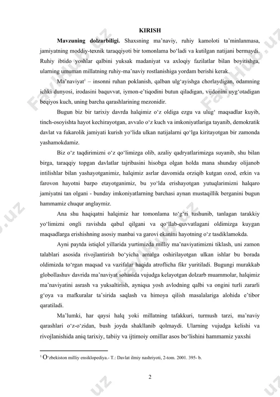 ida yurtimizda milliy ma’naviyatimizni tiklash, uni zamon talablari asosida rivojlantirish bo‘yicha amalga oshirilayotgan ulkan ishlar bu borada oldimizda to‘rgan maqsad va vazifalar haqida atroflicha fikr yuritiladi. bugungi murakkab globollashuv davrida ma’naviyat sohasida vujudga kelayotgan dolzarb muammolar, halqimiz ma’naviyatini asrash va yuksaltirish, ayniqsa yosh avlodning qalbi va ongini turli zararli g‘oya va mafkuralar ta’sirida saqlash va himoya qilish masalalariga alohida e’tibor qaratiladi. ma’lumki, har qaysi halq yoki millatning tafakkuri, turmush tarzi, ma’naviy qarashlari o‘z-o‘zidan, bush joyda shakllanib qolmaydi. ularning vujudga kelishi va rivojlanishida aniq tarixiy, tabiiy va ijtimoiy omillar asos bo‘lishini hammamiz yaxshi bilamiz. maslan, sharq olamida, jumladan, o‘zimizning o‘rta osiyo sharoitida jamoa bo‘lib yashash tuyg‘usi g‘oyat muhim ahamiyat kasb etadi va odamlarni bir-biriga yaqinlashtirishga, bir-birini qo‘llab quvvatlab hayot kechirishga zamin tug‘diradi. shu ma’noda, halqimizning turmush va tafakkuri tarziga nazar tashlaydigan bo‘lsak, boshqalarga xech o‘xshamaydigan, ming yillar davomida shakllangan, nafaqat o‘zaro muomala, balki hayotimizning uzviy bir qismi sifatida namoyon bo‘ladigan bir …