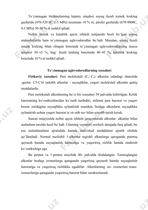 kenlarga vodorodning birikishi xona haroratida maydalangan platina yoki palladiy katalizatori ishtirokida amalga oshadi. reaksiya analitik ahamiyatga ega. arenlar bu sharoitda gidrogenlashga duchor bo`lmaydilar vash u yo`l bilan masalan, kreking benzinlarda alkenlarning borligini aniqlash mumkin. alkenlarning simob (ii) - atsetat va oltingugurt (i) - xloridi bilan reaksiyalari ham analitik ahamiyatga ega. alkenlarni qayta ishlash sanoat jarayonlaridan polimerlanish, degidrogenlash, xlorlash va gidroxlorlash, gidratatsiyalash, alkillash, sulfolash, oksosintez jarayonlarini ta`kidlab o`tish mumkin. alkenlarni past molekulali oligomerlar (dimer, trimmer, tetramerlar) gacha polimerlash reaksiyasi c6–c15 alkenlarni hamda benzinning yuqori oktanli komponentini sanoat miqiyosida ishlab chiqarish asosida yotadi: alkenlarni yuqori molekulyar polimerlargacha polimerlanishi muhim polimer materiallar bo`lgan polietilen, polipropilen va poliizobutilenlarning hosil bo`lishiga olib keladi: buten va izoamilenlarning degidrogenlanishidan 1,3- butadien va izopren hosil bo`ladi, bu moddalar esa sintetik kauchuk ishlab chiqarishda asosiy monomerlardir: alkilbenzollar asosiy organik sintez sanoatining muhim xomashyosi bo`lib hisoblanadi. yuqori alkenlarga sulfat kislotaning birikishidan (sulfolash) sulfat kislotaning nordon efirlari bo`lgan alkilsulfatlar hosil bo`ladi, …