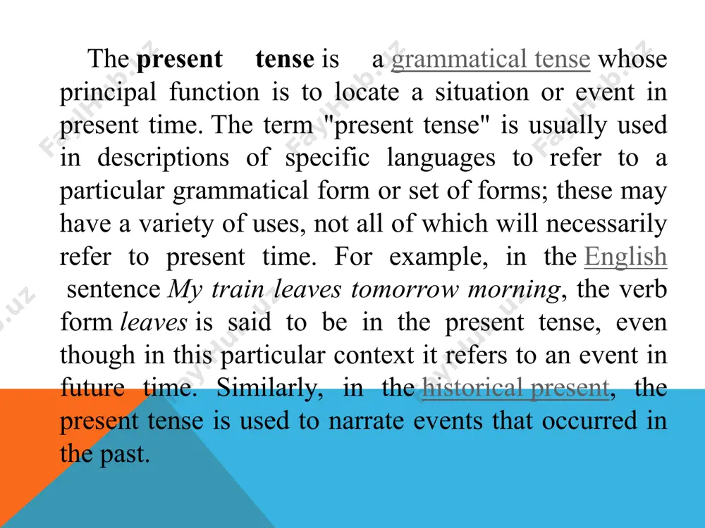 his is particularly the case in condition clauses and many other adverbial subordinate clauses: if you see him,...; as soon as they arrive... there is also the historical present, in which the present tense is used to narrate past events. for details of the uses of present tense constructions in english, see uses of english verb forms. the formula: positive: s + v1 (s / es) negative: s + do / does + not + v1 question: do / does + s + v1 it is used to express an action in present time, habitual or usual actions, a daily event or a universal fact. it is used to express an action in present time which is usually performed on a regular basis. for example a student says, "i go to school". it is a daily activity of a student to go to school, so such actions are expressed by …