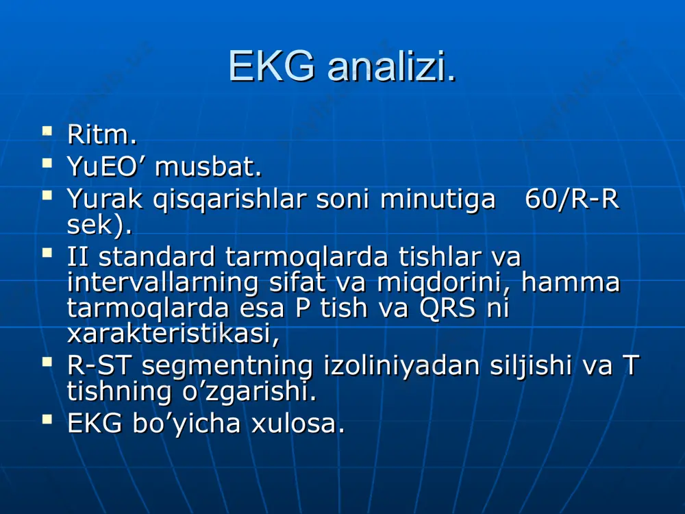 yasi. chap bo’lmacha gipertrofiyasi. 1) i, ii, avl, v5,6 tarmoqlarda p tishning ikkilanishi va amplitudasining kattalashishi. (p-mitrale); 2) v1 (ba’zan v2) da baland amplitudali va davomiy ikkinchi manfiy fazalip tish (chap bo’lmacha) yoki v1 da manfiy p tish paydo bo’ladi. 3) iii tarmoqda p tish manfiy yoki ikki fazali (+—) (doimiy bo’lmagan belgi); 4) p tishning umumiy davomiyligi 0,1 s dan ko’proq. chap qorincha gipertrofiyasi. chap qorincha gipertrofiyasi. 1) chap ko’krak tarmoqlarida (v5, v6) r tishning amplitudasi kattalashgan, o’ng ko’krak tarmoqlarida (v1 v2) s tishning amplitudasi oshadi. rv4 25 mm yoki rv56 + sv1 > 35 mm (ekg da 40 yoshdan oshganlar) и >45 mm (ekg da yoshlarda); 2) yurak bo’ylama o’qining soat strelkasiga teskari burilish belgisi: v2 tarmoqda o’ng o’tish zonasining siljishii, chap ko’krak tarmoqlarida (v5, v6) s tish yo’qolgan. 3) yurak elektr o’qining chapga siljishi. 4) v56, i, avl tarmoqlarda rs— t segmentining izoliniyadan pastga siljishi va i, …