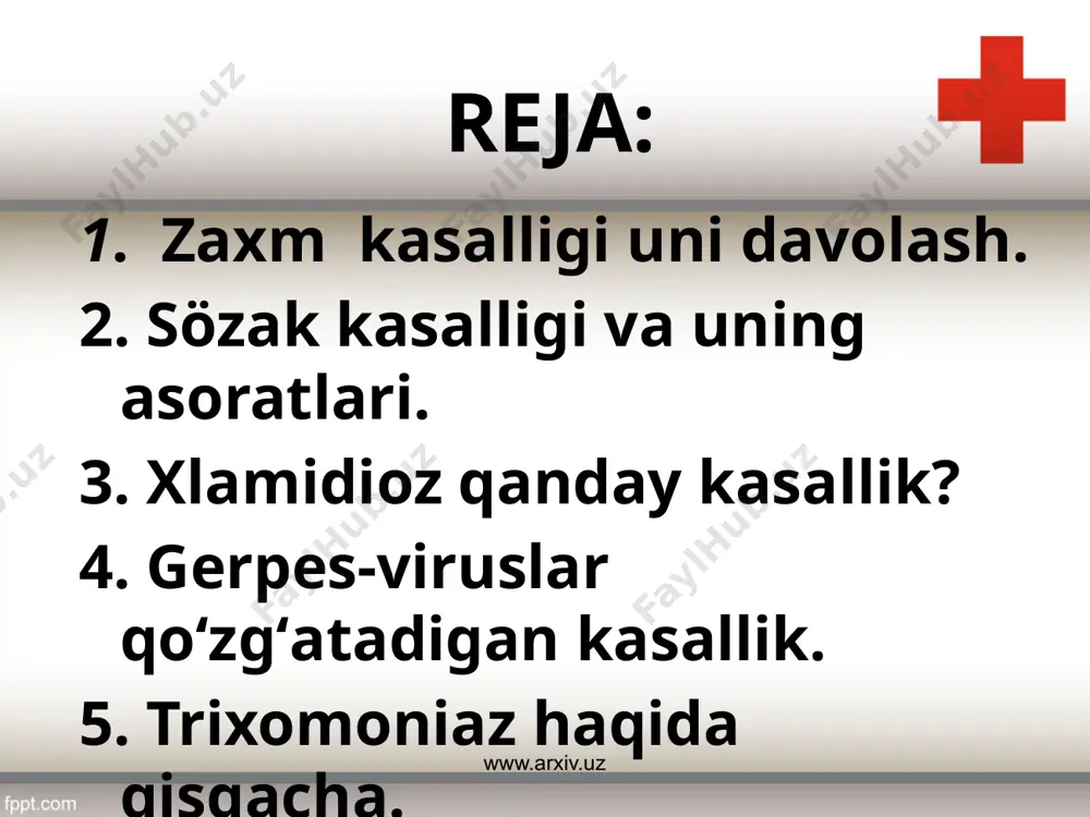 aha yo’qoladi, uyqusizlik kuzatiladi. zaxmning ikkilamchi davri shankr paydo bo’lgandan 6-7 xafta o’tgach boshlanadi, ya’ni birlamchi zaxm davrida teri va shilliq qavatlarda razeolalar, papulali toshmalar toshadi. ikkilamchi zaxm 2-4 yil davom etadi. zaxmning uchlamchi davri 3-5 yildan keyin ikkilamchi davrdan so’ngi davridir. ushbu davrda infiltratchalar, olcha donasidek do’mboqchalar, gummalar tovuq tuxumidek bo’lib, to’qimalarni yemiradi, yaraga aylanadi, chandiqlar hosil bo’ladi. ushbu gummalar ichki a’zolar, yurak, orqa miya, jigarda paydo bo’lsa, bemorning ahvoli og’ir va hayoti xavf ostida turadi. zaxmning uchlamchi davrida asab tizimi tomonidan patologik o’zgarishlar, zaxm meningiti, kechki meningovaskulyar zaxm orqa miya so’xtasi, avj olgan falajlik bosh miya gummasi. www.arxiv.uz oldini olish: zaxm kasalligining oldini olishda sog’lom turmush tarzi, sog’lom oilaviy hayot kechirish ichkilikbozlik, buzuqilik, maishiy tomondan vijdonsizlarcha jinsiy hayot kechirishni bizning ma’naviyatimizga zid ekanligini ta’kidlab o’tish joizdir. zaxmning yuqmasligi ko’p hollarda jinsiy hayotni to’g’ri kechirishi axloq me’yorlari, oilasiga sadoqatli yashashi orqali, fohishabozlardan xazar qilish, ichkilikbozlik, giyohvandlikdan ogoh bo’lishi orqali …