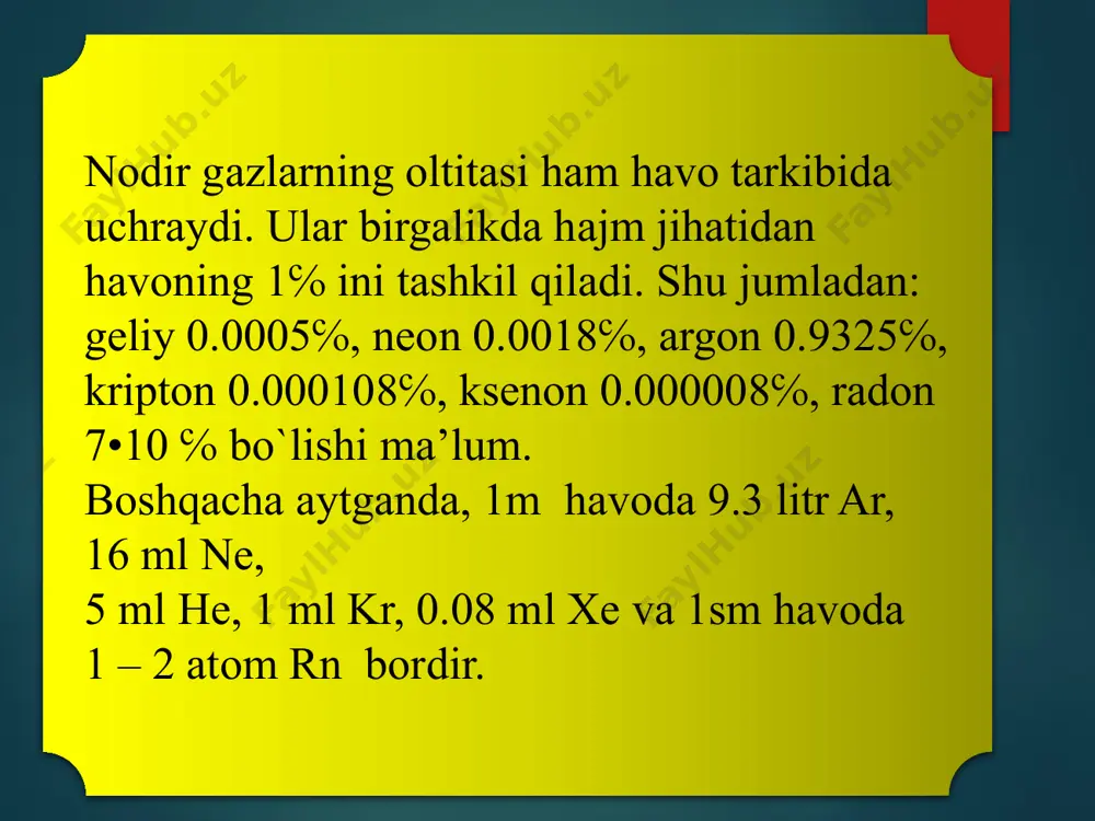 uni ayrim fraksiyalarga(qismlarga) ajratish bilan shug`ullandilar. ular yarim kechagacha 50 dan ortiq fraksiya oladilar; ohirgi fraksiyada n°56 spektroskopik usul bilan kriptonni topib oladilar. yangi element (gaz) kripton deb ataladi, u yunonchada sirli, yashirin degan ma’noni anglatadi. ksenon. ksenon elementining ochilish tarixi. bu element v.ramzay va m.travers tomonidan 1900 yilda kashf qilingan. ular suyuq havoni haydab (bug`lantirib), uni ayrim qismlarga (fraksiyalarga) ajratishgan 57- raqamli fraksiyaning spektrini olimlar kuzatishgan. bu spektr o`ziga xos bo`lgan va ular yangi gaz bo`lsa kerak degan xulosa qilishgan (1898), ammo toza ksenon 1900 yilda olingan. “ksenon” nomi yunoncha ksenos so`zidan olingan bo`lib - begona (notanish) degan ma’noni anglatadi. davriy sistemadagi o`rni. atomining tuzilishi. ksenon kimyoviy belgisi – xe. ksenon davriy sistemaning 5 davr viii guruh asosiy guruhcha elementi, tartib raqami 54, atom massasi 131.30. olinishi. sanoatda suyuq havodan olinadi. ishlatilishi. ksenon elektrvakuum texnikada va gaz yorug`lik lampalarida ishlatiladi. fizik xossalari. ksenonning atom radiusi 0.218 nm, ionlanish patensiali …