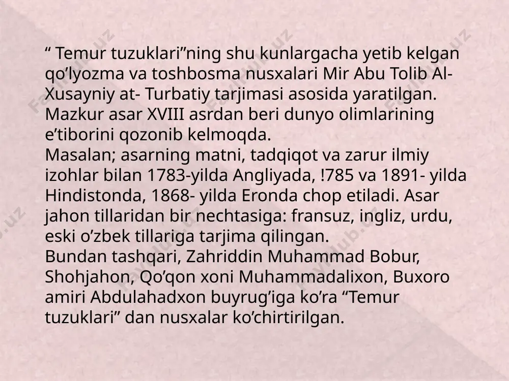 ha ta’minoti, harbiy ko’riklarni tayyorlash bilan mashg’ul bo’lgan. 3. mulkchilik va soliq ishlari vaziri- turli sabablarga ko’ra egasiz qolgan mol-mulklarni nazoratga olish va qo’riqlash, savdogarlardan zakot va boj soliqlarini, yer solig’i, chorva solig’ini olish, soliqlarni davlat xazinasiga tushishini nazorat qilish vazifasini bajargan. 4. moliya vaziri- butun saltanat idoralarining kirim-chiqimlari, xazinadan sarf qilinayotgan barcha harajatlar hisobotini olib borish vazifasini bajargan. davlat korxonalari vaziri- uning ixtiyorida bir qancha ustaxonalar bo’lib, ular doimiy ravishda harbiylar uchun sovut, dubulg’a, kamon, o’q-yoylar tayyorlaganlar. amir temur buyrug’iga ko’ra yirik inshootlar qurilishiga rahbarlik qilgan. devonbegi- davlat mablag’lari devonbegi ixtiyorida bo’lgan hamda u davlat xazinasidagi mablag’larning vaziirlar tomonidan to’g’ri va maqsadga muvofiq saqlanishini nazorat qilgan. adliya vaziri- bu vazir to’g’ridan to’g’ri fuqarolar va dunyoviy ishlar bilan shug’ullangan. harbiy sud vaziri- sipohiylar ishlarini ko’rib chiqib, muhokama qilgan. vaqf ishlari vaziri- u vaqf mulklari bilan bog’liq masalalarga mutasaddi bo’lgan. bu vazirlikka sadr us- sudur boshchilik qilgan. xabar va aloqa vaziri- …