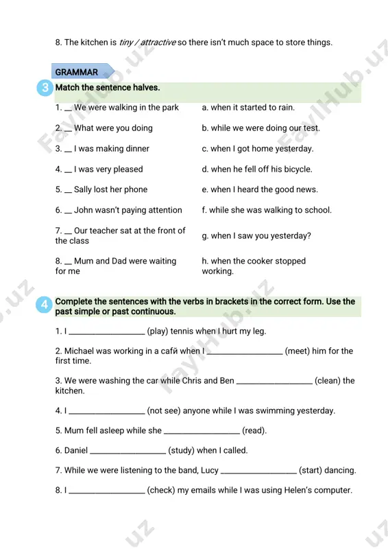 n’titcute? 7.youhavebeautiful________________skin,what’syoursecret? 8.iwanttobuya________________tableforthediningroom. completethewordsinthesentences. 1.stephenhasareallycooll_____________jacket. 2.wehaveasmallsailingboatmadeofw_____________. 3.canyouputthoseflowersinthegreeng_____________vase? 4.lisahasapairofbeautifulg_____________earrings. 5.p_____________bottlesarebadfortheenvironment. 6.janehasawarm redscarfmadeofw_____________. 7.silverisam_____________thatweusetomakejewellery. 1 2 8.lastsaturdayiwentshoppingandboughtacoolc_____________t-shirttowear inthesummer. grammar choosetherightwordtocompletethesentences. 1.myfather’s/fathers’nameismartin. 2.ilovewatchingwomen’s/womens’tennis. 3.mymother’s/mothers’favouritehobbyisswimming. 4.didyouenjoythechildren’s/childrens’party? 5.lauraoftenwearsmen’s/mens’jeans. 6.myparent’s/parents’houseisreallycomfortable. 7.sally’s/sallys’brothergoesoutwithmybestfriend. 8.david’s/davids’classisreallyfriendly. choosethecorrectanswer,a,borc. 1.thatjacketbelongsto__________. a)me b)my c)mine 2.youcanhavemyringificanhave__________! a)your b)yours c)you 3.welikeyourhousebutweprefer__________. a)usb)ours c)our 4.mariahasalotofdvdsbutshesaysthisoneisn’t__________. a)her b)she c)hers 5.ioftenlendmyfriendsmycomputergamesbuttheydon’tlendme__________. a)theirs b)them c)they 6.thisisyourdictionary,sowhere’s__________? a)mine b)my c)me 7.davidlikesmyfriendsbutidon’treallylike__________.theyaren’tveryfriendly. a)him b)hec)his 3 4 8.doyouwanttocomewith__________thisevening?we’regoingforapizza. a)ours b)usc)our pronunciation listenandunderlinetheweakformsineachsentenc 1.she’safriendofmine.(2weakforms) 2.he’safriendofhers.(2weakforms) 3.they’refriendsofours.(1weakform) 4.isheafriendofyours?(2weakforms) 5.areyoufriendsofhis?(1weakform) 6.i’m notafriendoftheirs.(2weakforms) 7.heisn’tafriendofyours.(2weakforms) 8.you’reafriendofmine.(2weakforms) numberofcorrectanswers:_________ mark:_______6 date:_______________ exam 5 vocabulary completethesentenc