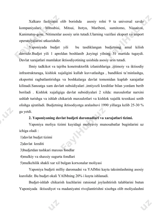 li yigimlar ,xujalik yurituvchi subyektlar xar-xil daromadlaridan ajratmalari, budjet mablaglari , bank kreditlaridan tashkil topdi. sugurtalash jamiyat va shaxsiy manfaatlarni ximoyalanishi kafolatlangan bulishi uchun u davlvat boshkaruvi va nazoratida buladi.mulkiy va shaxsiy sugurta fondlari 3 ta asosiy manbaalar xisobidan :sugurtalanganlarning sugurta badallari , tadbirkorlarning sugurta badallari va davlat subsidiyalaridan tashkil topadi. xar xil korporatsiyalar va korxonalarning moliyaviy boshkaruvi -ishlab chikarish xajmi va maxalliy realizatsiyaning prognozi , ilmiy texnikaviy tarakkiyot rivojlanishi prognozi, ishlab chikarish uslublarini tatbik kilish va moliyaviy mablaglar bilan ta’minlash prognozini uz ichiga oladigan moliyaviy rejalar ishlab chikishni uz ichiga oladigan moliyaviy rejalar ishlab chikishni uz ichiga oladi .bular 1 yildan 5 yilgacha muddatlarga ishlab chikiladi.bu korxonalar moliyaviy faoliyati tegishli bulimlar tomonidan muvofiklashtirib turiladi. yaponiya budjeti solik daromadlari mikdorining ustunligi bilan xarakterlanadi. markaziy budjet daromadlarida ular 80-90% gacha buladi . yaponiya budjetiga asosn kuyidagi yirik daromadlar : axoli daromad soliklari , korporsiyalar va korxonalarning foyda soligi , aksiz soliklar, …