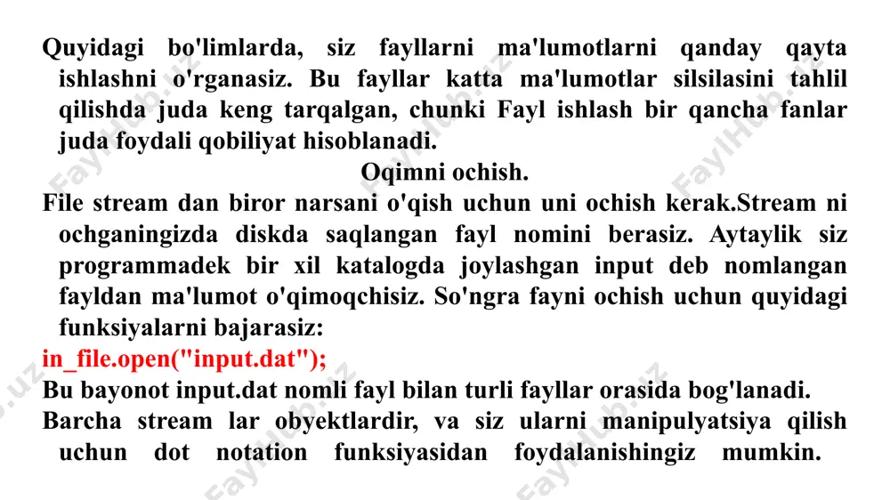 f (in_file >> name >> value) { process input. } qachonki fayldan input ni o`qiganingizda, soni formatidagi xatolar bundan tashqari, agarda faylni ochsangiz va nom mantiqan izchil emas, yoki bu nomdagi fayl mavjud emas, keyin bu file stream ham omadsizlikka uchragan maqomiga ega bo'ladi. mag'lubiyatlarni kechiktirmasdan sinab ko'rish bu yaxshi fikr. faylga yozish faylga yozish uchun, siz ofstream yoki fstream variable ni aniqlash va uni ochish keyin output file ga ma'lumot jo'natish, bir xil operatsiyalardan foydalangan holda, qaysiki cout lar bilan: ofstream out_file; out_file.open("output.txt"); out_file #include int soket ( int domeni, int turi, int protokoli); domen soket joylashgan manzil maydonini va ma'lumotlarni uzatish uchun foydalaniladigan protokollar to‘plamini belgilaydi. eng ko‘p ishlatiladigan domenlar af_unix va af_inet konstantalari bilan aniqlangan unix va internetdir (af prefiksi "manzillar oilasi" degan ma'noni anglatadi). ko‘rsatilgan bo‘lsa af_unix ma'lumotlar uzatish unix fayl i / o tizimi uchun ishlatiladi. bunday holda, rozetkalar bir xil kompyuterda jarayonlararo aloqa uchun …