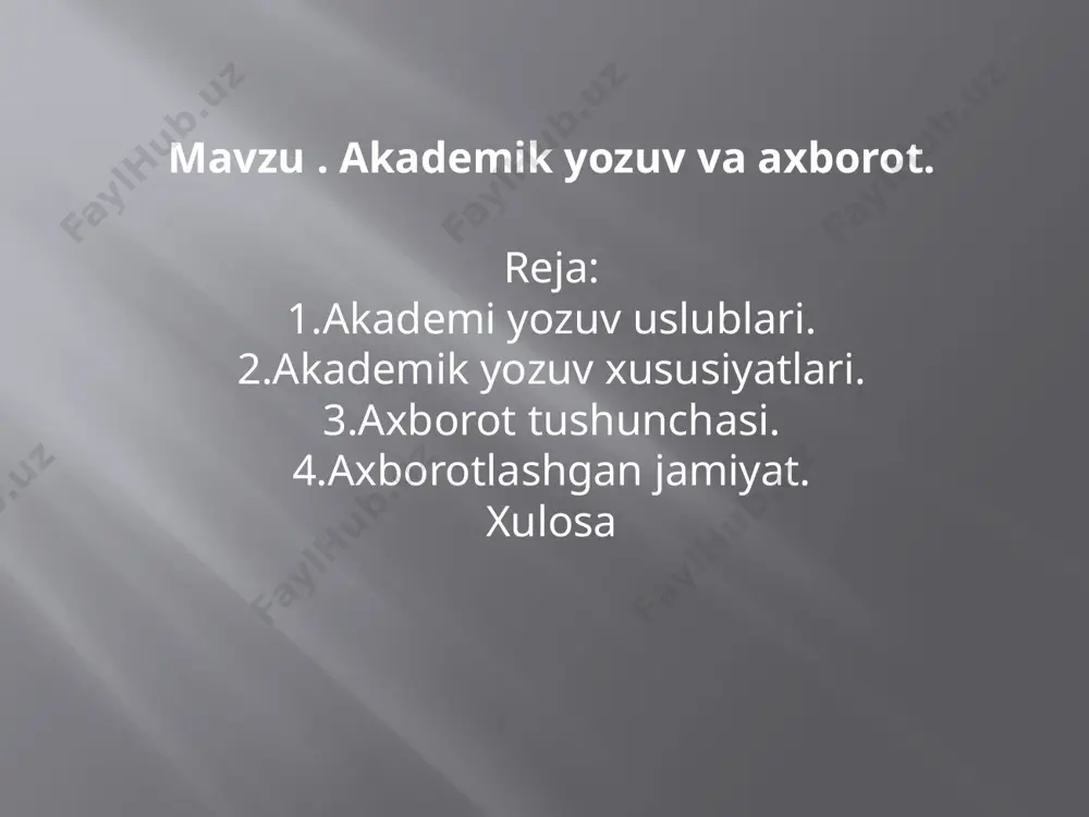, izlash, unga ishlov berish hamda undan foydalanish imkonini beradigan, tashkiliy jihatdan tartibga solingan jami axborot resurslari, axborot texnologiyalari va aloqa vositalari sifatida qo’llaniladi. yozma ish uni tayyorlash sifatining shunday darajasiga yetadiki , uni istalgan xalqaro jurnallarda chop etish uchun ruxsat olish mumkin; nafaqat nashrni tayyorlash, balki e'lon qilingan ma'lumotlarni auditoriyaga taqdim etish (ma'ruza, xabar), shu jumladan tinglovchilar bilan o'zaro aloqa (savollarga javoblar, yozishmalar)dan iborat. image2.jpeg image3.png image4.png image5.png image6.png /docprops/thumbnail.jpeg