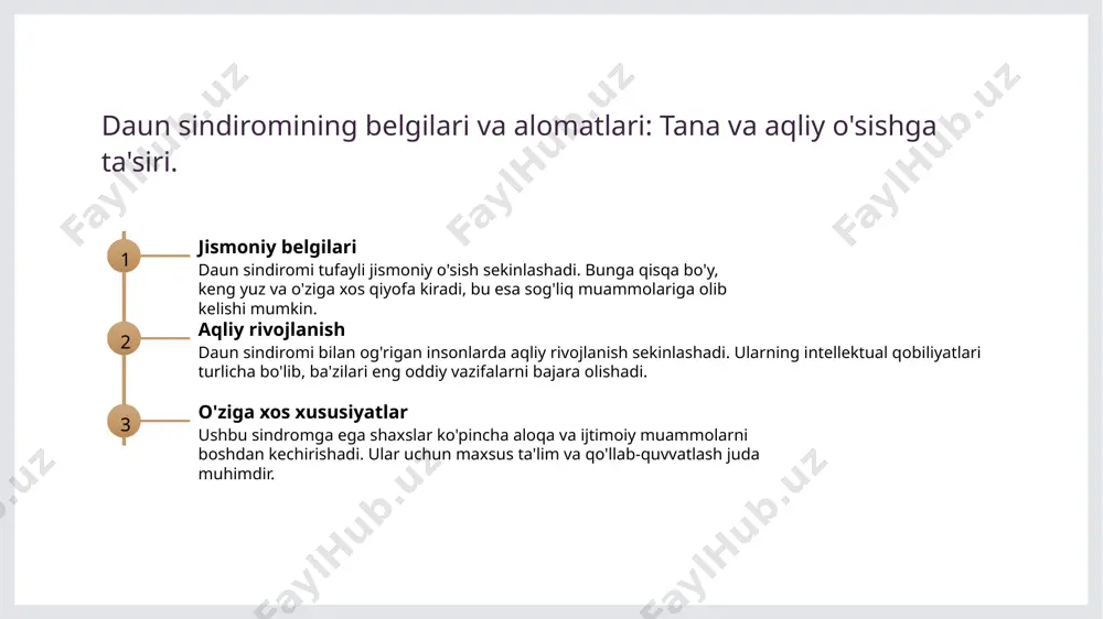 o'zaro munosabatlarini va ijtimoiy integratsiyasini murakkablashtiradi. 2 tibbiy jihatlar - daun sindiromi bilan bog'liq tibbiy muammolar ko'p bo'lishi mumkin. bunga yurak kasalliklari, eshitish muammolari va rivojlanish kechikishlari kiradi. 3 ta'lim imkoniyatlari - daun sindiromi bo'lgan bolalar uchun maxsus ta'lim dasturlari mavjud. ular o'z qobiliyatlarini rivojlantirish va ijtimoiy ko'nikmalarni o'rganish imkoniyatiga ega. 4 jamiyatdagi qabul - daun sindiromi bor shaxslarni jamiyatda qabul qilish muhimdir. ularning imkoniyatlarini tan olish orqali, inklyuziv muhit yaratish va ijtimoiy adolatni ta'minlash mumkin. xulosa 1 daun sindiromi haqida umumiy ma'lumot - daun sindiromi, xromosoma 21ning trisomiyasi natijasida yuzaga keladi. bu holat organizmning rivojlanishiga ta'sir ko'rsatadi va belgilari har xil bo'lishi mumkin. 2 genetik va ijtimoiy jihatlar - daun sindiromining genetik sabablari va ijtimoiy ta'siri muhimdir. buning natijasida, o'ziga xos xususiyatlar, tibbiy ehtiyojlar va hayot tarzi o'zgaradi. 3 hayot sifatini yaxshilash - daun sindiromi bilan yashovchilarni qo'llab-quvvatlash va ularga yordam berish, ularning hayot sifatini yaxshilashga xizmat qiladi. ta'lim …