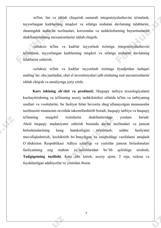 muntazam hamda tizimli ish olib borilmasa, ko’zlangan maqsadlarga erishib bo’lmaydi. buning uchun inson qalbiga yo’l topish zarur. inson qalbiga yo’l topish avvalo ta’lim-tarbiyadan boshlanadi.[footnoteref:2] [1: karimov i. xavfsizlik va barqaror taraqqiyot yo‘lida. – t.: o‘zbekiston, 1998. t.6. - b. 26. ] [2: qarang: karimov i. yuksak ma’naviyat – yengilmas kuch. – t.: ma’naviyat, 2008. - 176 b. ] huquqiy savodxonlik va bilimlarni amaliy hayotda qo’llay olish ko’p jihatdan huquqiy ta’limning mazmun-mohiyatiga bog’liqdir. shu nuqtai nazardan qaraganda, huquqiy ta’lim har bir shaxsning o’z huquqlarini bilishi va himoya qilishini ta’minlashning zaruriy sharti va asosiy omillaridan biri hisoblanadi.[footnoteref:3] o’zbekiston respublikasi prezidenti i.karimov ta’kidlaganidek, aholiga chuqur huquqiy bilim berishni yo’lga qo’yish orqali huquqiy madaniyatning yuksalishiga erishiladi, boshqacha aytganda, tom ma’nodagi huquqiy ongni shakllantirish talab etiladi. bu esa yoshlarning huquqiy ongini shakllantirishning muhim omili bo’lgan huquqiy ta’limni tashkil etish bilan bog’liq jarayonlarni muntazam o’rganib borish, ilmiy tahlil qilish hayotiy-amaliy ahamiyatga egaligini ko’rsatadi. bunda huquqiy ta’lim-tarbiya, …