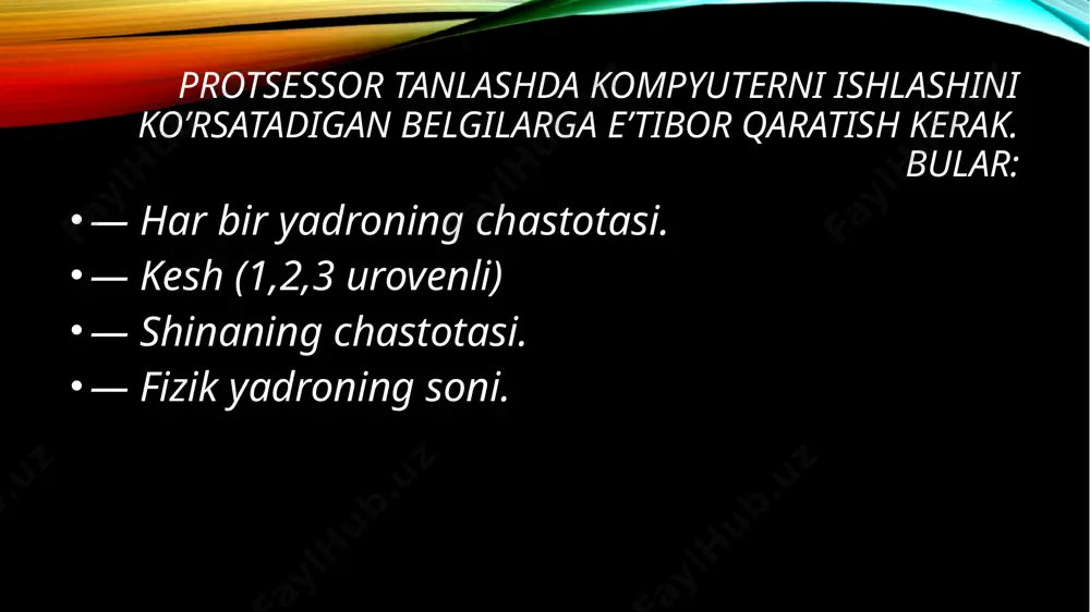 sessori. kompyuterning asosiy korpusidagi qurilma va vositalarni yetarlicha energiya bilan ta`minlovchi moslama kompyuterninig energiya blokidir. uning asosiy vazifasi aytilgan vositalarni energiya bilan ta`minlash, havo almashtirish va protsessor ichini sovutishdir, chunki ko`pgina komponentlar energiya bloki, protsessor va vinchester uzluksiz ish vaqtida qizib ketadi. agar ishonchli havo almashtirish ta`minlanmasa, komp'yuter ichki qismlari qizib ketishi va to`xtab qolishiga sabab bo`ladi. bundan tashqari kuchlanishlar tez-tez o`zgaradigan, katta kuchlanishli toklar o`tadigan joylarda energiya blokining ishonchliligi katta axamiyatga ega. zamonaviy kompyuterlarda protsessor vazifasini 10 mm kvadratdan ham kichik yuzali yagona yarim o'tkazgichli kristalda (kremniy yoki germaniy) joylashgan millionlab mitti tranzistorlardan tashkil topgan mikro-protsessor, ya'ni o'ta zich integral sxema bajarmoqda. misol sifatida ko'radigan bo'lsak, intel pentium pro mikroprotsessori o'z ichida 5,5 milliondan ortiq tranzistorlarni saqlaydi. protsessorning ish unumdorligi uning tezligi (taktli chastota) va razryadlar soni bilan belgilanadi. tezlik protsessorning 1 sekundda bajargan amallar miqdori bilan belgilanadi va gs (gers) bilan ifodalanadi. masalan, i8086 protsessori 10 mgs (sekundiga …
