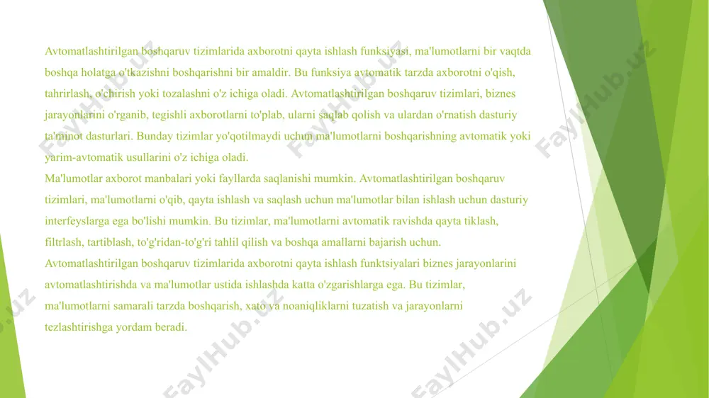 va saqlash uchun ma'lumotlar bilan ishlash uchun dasturiy interfeyslarga ega bo'lishi mumkin. bu tizimlar, ma'lumotlarni avtomatik ravishda qayta tiklash, filtrlash, tartiblash, to'g'ridan-to'g'ri tahlil qilish va boshqa amallarni bajarish uchun. avtomatlashtirilgan boshqaruv tizimlarida axborotni qayta ishlash funktsiyalari biznes jarayonlarini avtomatlashtirishda va ma'lumotlar ustida ishlashda katta o'zgarishlarga ega. bu tizimlar, ma'lumotlarni samarali tarzda boshqarish, xato va noaniqliklarni tuzatish va jarayonlarni tezlashtirishga yordam beradi. ishlab chiqarishda avtomatlashtirilgan boshqaruv tizimlarida axborotni qayta ishlash funksiyasi, ishlab chiqarish jarayonlarini avtomatlashtirishda va ma'laumotlar ustida ishlashda muhim korxona ega bo'lgan bir funktsiyadir. bu funksiya, avtomatik tarzda ma'lumotlarni o'qish, tuzatish, tahrirlash va o'chirish yo'q qiladi. avtomat boshqaruv tizimlari, ishlab chiqarish ishlab chiqarish o'rganilgan biznes jarayonlarini avtomatik boshqarishni osonlashtirish dasturlardir. avtomatlashtirilgan axborot tizimi (ais) - bu aloqa, hisoblash, tarqatish, qayta ishlash va saqlash kabi muayyan ma'lumotlarni qayta ishlash operatsiyalarini bajarish uchun tuzilgan kompyuter texnikasi, dasturiy ta'minot yoki uning har qanday kombinatsiyasining yig'ilishi. bunga kompyuterlar, matnni qayta ishlash tizimlari, tarmoqlar yoki …