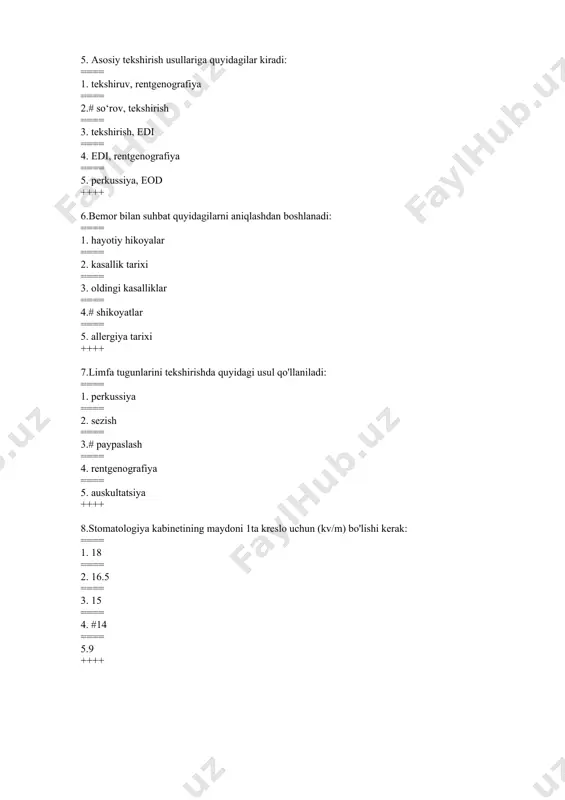 === 3.#18-23 ==== 4. 23-28 ==== 5. 28-30 ++++ 12.stomatologiya kabinetidagi derazalar qaysi tarafga qaratilgan bo’lishi kerak: ==== 1. janubga ==== 2.#shimol ==== 3. sharq ==== 4. g'arbiy ==== 5. janubi-g‘arbiy ++++ 13.oynachalarni sovuq sterilizatsiya qilish uchun ishlatiladigan mahsulotlar: ==== 1. 1% li vodorod periks eritmasi ==== 2. #6% li vodorod periks eritmasi 3. 2% novokain ==== 4. 0,5% li xloramin eritmasi ==== 5. 75% metil spirit ++++ 14.burchakli dastaklarlar uchun borlarlarning uzunligi (sm) mavjud: ==== 1. 3.0 ==== 2. 2.7 ==== 3. 2.5 ==== 4. #2.2 ==== 5.1.0 ++++ 15. stomatologiya kabinetining balandligi kamida bo'lishi kerak: ==== 1. 2m ==== 2. #3m ==== 3. 2m 80 sm ==== 4. 4 m ++++ 16. stomatologiya kabinetidagi asosiy hujjat: ==== 1.#shakl 043/u ==== 2. buyurtma № 600 ==== 3. buyurtma № 527 ==== 4. 462-sonli buyruq ++++ 17. kimyoviy (sovuq) sterilizatsiya usuli yordamida quyidagilar sterillanadi: ==== 1.#tish oynasi ==== 2. pichoqlar …