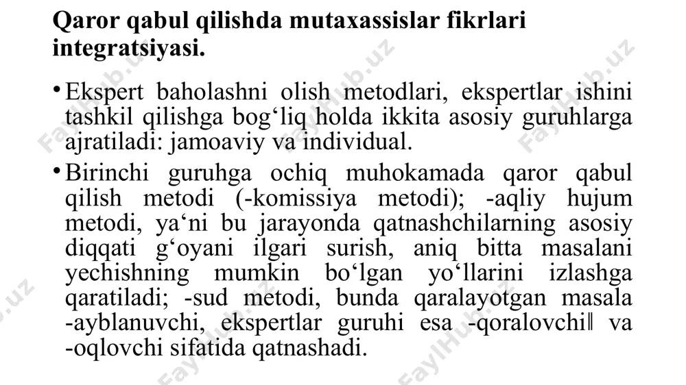 ekspertlarni tanlash, ularning fikrlarini olish va qayta ishlash texnologiyasi va boshqalar) ma‘lum darajada tartibga solingan, odatda ekspertlar tashqi mutaxassislardan tanlanadi, ekspertizani o‘tkazishni esa rahbar emas, balki mutaxassis tashkil qiladi. bunda ekpertiza natijalari, xuddi birinchi metoddagi kabi rahbar uchun mas‘uliyat ko‘rinishiga emas, balki tavsiya ko‘rinishiga ega bo‘ladi. aprior tabaqalash tadqiq etilayotgan sohada chuqur bilimga ega bo‘lgan, bir guruh mutaxassislar tomonidan omillarni ekspert baholashga asoslangan usul hisoblanadi. aprior tabaqalash quyidagicha amalga oshiriladi. 1. ekspertiza o‘tkazgan tashkilot yoki mutaxassis, buyurtmachining shartlari, adabiyotdagi ma‘lumotlarning tahlili, tajribalarni umumlashtirish, mutaxassislarni so‘rov o‘tkazish asosida tabaqalanishi talab etiladigan omillarning dastlabki ro‘yxatini aniqlab oladi. 2. anketa tayyorlanib, unda zarur tushuntirishlar va yo‘riqnomalar, omillar ro‘yxati imkon boricha jadval shaklida beriladi, anketani to‘ldirish namunalari keltiriladi. 3. ekspertlar guruhi tuziladi, a‘zolarning vakolati tekshiriladi. ular ko‘rilayotgan masalalarda mutaxassis bo‘lishi, ammo ekspertiza natijalaridan shaxsan manfaatdor bo‘lmasligi kerak. 4. guruh shakllantirilgandan so‘ng ekspertlarning og‘zaki va yozma instruktaji o‘tkaziladi. 5. ekspertlar taqdim etilgan omillarni individual baholaydilar …