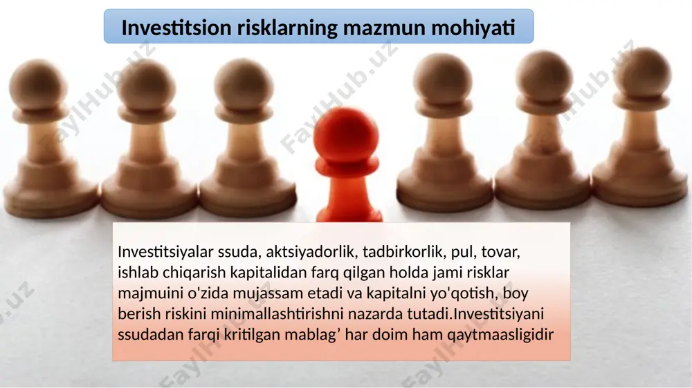 hu sababli, mazkur mamlakatlarda investitsion loyihalar bo'yicha tuzilgan biznes rejalarda asosiy e'tibor mahsulot sotiladigan bozorlarni o'rganishga qaratiladi. biznes rejalardagi asosiy bo'limlardan yana biri ishlab chiqarishni tashkil etilishidir. ishlab chiqarishning to'g'ri tashkil etilganligi pirovard natijada mahsulotlarni ishlab chiqarish xarajatlarini sezilarli darajada oshib ketishining oldini oladi. bu esa, ularning raqobatbardoshligini oshirishga xizmat qiladi. rivojlangan davlatlarda investitsion risklarning darajasini pasaytirishning muhim vositasi sifatida kompaniyalarni iso 9000 standarti bo'yicha xalqaro sertifikatlashtirishdan foydalanilmoqda. bunday sertifikatlarni beruvchi xalqaro kompaniyalar: abs quality evaluations (buyuk britaniya). veritas quality international (frantsiya). det norske veritas (norvegiya). germanischer lloyd (germaniya). lloyds register quality assurance (buyuk britaniya). mazkur kompaniyalar tomonidan beriladigan sifat sertifikatlari dunyoning ko'plab mamlakatlarida amal qiladi, ya'ni tan olingan. investitsion riskni amalga oshirishda tijorat banklarini o’rni juda katta va tabiiyki bunda o’z-o’zidan risklar paydo bo’ladi.bunday risklarni oldini olish uchun asosiy bank quroli garovga qo’yilgan omonatning barqarorligi.yer eng optimal tanlovdir aqshda o'tkazilgan tadqiqotlarning natijalari investitsion loyihalarni amalga oshirishdagi muvaffaqiyatsizliklarning asosiy sabablari …
