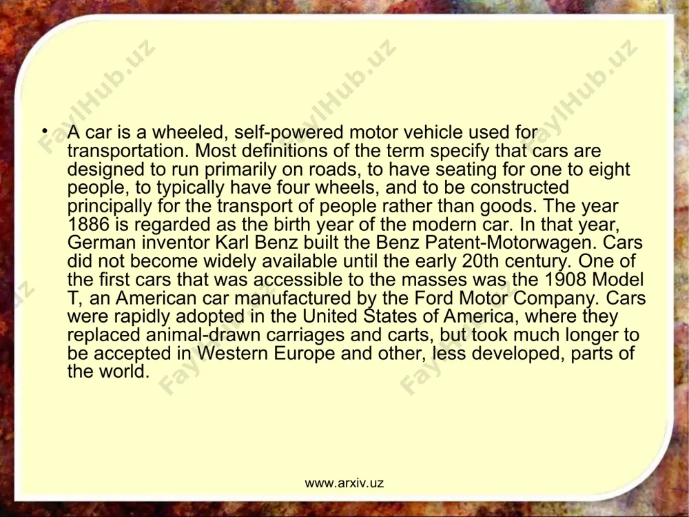 ral gas vehicles are also gaining popularity in some countries. www.arxiv.uz www.arxiv.uz road traffic accidents are the largest cause of injury-related deaths worldwide. the costs of car usage, which may include the cost of: acquiring the vehicle, repairs and auto maintenance, fuel, depreciation, driving time,parking fees, taxes, and insurance, are weighed against the cost of the alternatives, and the value of the benefits – perceived and real – of vehicle usage. the benefits may include on-demand transportation, mobility, independence and convenience. the costs to society of encompassing car use, which may include those of: maintaining roads,land use, pollution, public health, health care, and of disposing of the vehicle at the end of its life, can be balanced against the value of the benefits to society that car use generates. the societal benefits may include: economy benefits, such as job and wealth creation, of car production and maintenance, transportation provision, society …