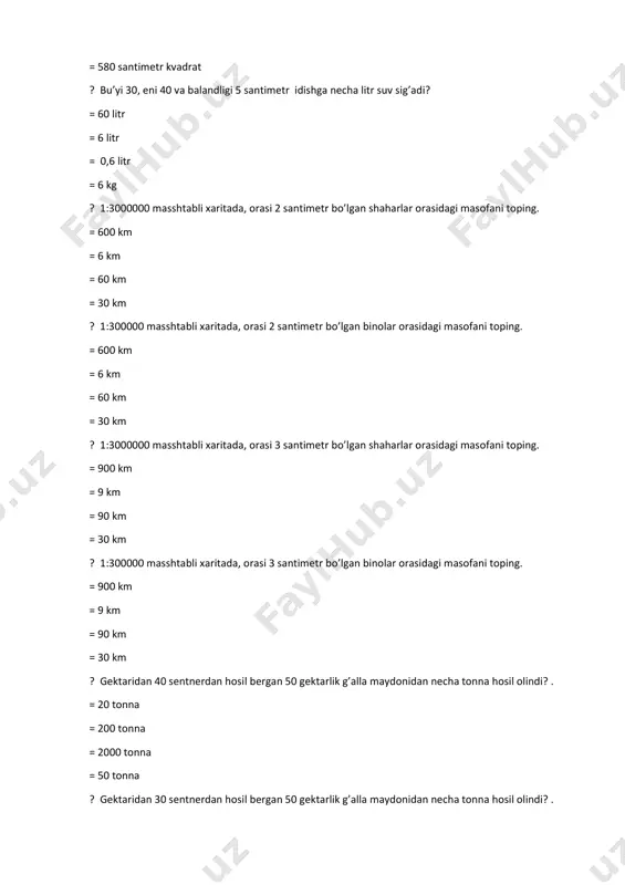 vchidan 11 taga kam, ayiriluvchidan 9 taga ko’p. shu ayirmani toping. = 8 = 15 = 20 = 2 ? kamayuvchi 24 taga ortib, ayriluvchi 14 taga ortsa, ayirma qanday o`zgaradi. = 10 taga ortadi = 38 taga ortadi = 10 taga kamayadi = 38 taga kamayadi ? kamayuvchi 24 taga ortib, ayriluvchi 14 taga kamaysa, ayirma qanday o`zgaradi. = 28 taga ortadi = 38 taga ortadi = 10 taga kamayadi = 38 taga kamayadi ? kamayuvchi 24 taga kamayib, ayriluvchi 14 taga ortsa, ayirma qanday o`zgaradi. = 38 taga kamayadi = 38 taga ortadi = 10 taga kamayadi = 8 taga kamayadi ? kamayuvchi 24 taga kamayib, ayriluvchi 14 taga kamayib, ayirma qanday o`zgaradi. = 10 taga kamayadi = 38 taga ortadi = 10 taga ortadi = 38 taga kamayadi ? to`g`ri to`rtburchak shaklidagi ekin maydonining bo`yi 90 m, eni bo`yidan 20 m kam. maydonning perimetrini toping. = 220 …