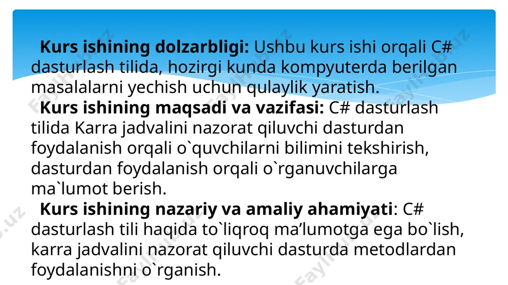 tanishdim. men ko`proq karra jadvali dasturini yaratishda label, textbox, button, damainupdown komponentalaridan foydalandim. c# dasturlash tilida karra jadvalini yaratish deb nomlangan dastur yaratdim. ushbu kurs ishim menga ko`p izlanishimga va o`z sohamni chuqurroq o`rganishimga yordam berdi. zamonaviy dasturlash tillariga bo`lgan qiziqishim yanada ortdi. foydalanilgan adabiyotlar 1. андрей хейлберг. язик программиромания с#. 2012г. 2. sh.a.nazirov, r.v.qobulov “ob’yektga mo’lajallngan dasturlash”. 3. jalolov.o.i,sharipov.sh.m c# dasturlash tilida fayllar bilan ishlash uslubiy qo’llanma. 4. aripov.m.m,imomov.t,irmihammedov z.m va boshqalar. informatika va axborot texnologiyalari: toshkent o’zbekiston. 5. герберг шилдт. полное руководство с# 4.0 internet saytlar: www.google.uz www.ziyonet.uz www.referat.uz www.dastur.uz e’tiboringiz uchun raxmat!!! image2.png image3.png image4.png image5.png image6.png image7.png image8.png image9.png