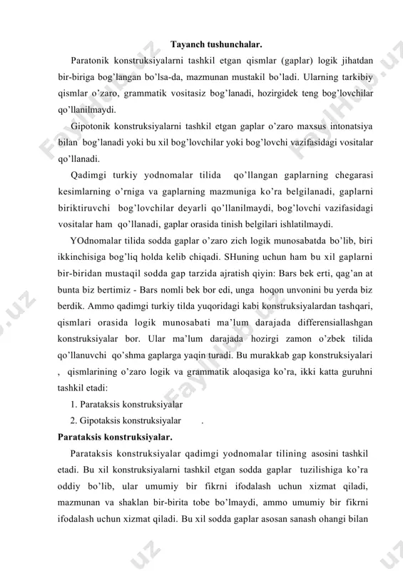 iyalar . parataksis konstruksiyalar. parataksis konstruksiyalar qadimgi yodnomalar tilining asosini tashkil etadi. bu xil konstruksiyalarni tashkil etgan sodda gaplar tuzilishiga ko’ra oddiy bo’lib, ular umumiy bir fikrni ifodalash uchun xizmat qiladi, mazmunan va shaklan bir-birita tobe bo’lmaydi, ammo umumiy bir fikrni ifodalash uchun xizmat qiladi. bu xil sodda gaplar asosan sanash ohangi bilan talaffuz etiladi. parataksis konstruksiyalar bir paytda yoki ketma-ket ruy bergan yoki mavjud bo’lgan vokea-hodisa, belgi-xususiyatlarni ifoda etadi. a) bir paytda ro’y bergan voqea-hodisa, belgi-xususiyatni ifodalovchi konstruksiyalarni tashkil etgan sodda gaplarning kesimlari ot-kesim yoki fe’l kesim bo’lib, odatda, ular bir xil zamonni ifodalaydi. uder segun kzltы; tabg’ach qag’anta isyi likeng kelti, bir tumen ag’ы, altun, kumush kergeksiz kelurti - udar sangun keldi; tabg’ach hoqondan keldi; tabg’ach hoqondan isyi likang keldi, bir tuman ipak oltin, kumushni haddan ortiq keltirdi. b) ketma-ket ro’y beradigan voqea-hodisalar, belgi-xususiyatlarni ifodalovchi konstruksiyalarni tashkil etgan sodda gaplarning kesimlari shaklan bir xil zamonga oid bo’lsa ham, …