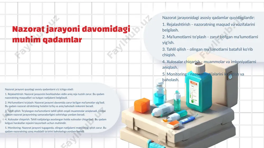 onitoring tizimlari. ushbu shartlar tavsiyalarni muvaffaqiyatli amalga oshirishda muhim rol o'ynaydi. xulosalar va tavsiyalarni taqdim etish xulosalar va tavsiyalarni taqdim qilish jarayoni muhim ahamiyatga ega. bu jarayon o'quvchilarga nazorat natijalarini to'g'ri tushunish va ulardan foydalanishni osonlashtiradi. ushbu taqdimotda xulosalarni qanday taqdim etish kerakligi, e'tiborga olinishi zarur bo'lgan jihatlar va o'quvchilarni qiziqtirish strategiyalari muhokama qilinadi. xulosalar va tavsiyalar aniq va tushunarli bo'lishi zarur. ularni mantiqiy ravishda taqdim etish uchun avvalgi nazorat jarayonlari bilan bog'liq misollar keltirish foydali. misol uchun, ma'lumotlar tahliliga asoslangan xulosalar yaratish va ularni ko'rsatish usullarini qo'llash mumkin. taqdimotda o'quvchilarni jalb qilish uchun interaktiv elementlardan foydalanish zarur. savollar berish, muhokama o'tkazish va misollar keltirish orqali o'quvchilarni ishtirok etishga undash mumkin. bu usullar o'quvchilarning qiziqishini oshiradi va mavzuga bo'lgan e'tiborlarini kuchaytiradi. o'quvchilarning diqqatini saqlash uchun vizual materiallar, grafiklar va taqdimot dasturlaridan foydalanish tavsiya etiladi. eng muhimi, taqdimot davomida o'quvchilarning fikrlarini so'rab, ularning fikrlarini inobatga olish ham muhimdir. xulosalar va tavsiyalarni …