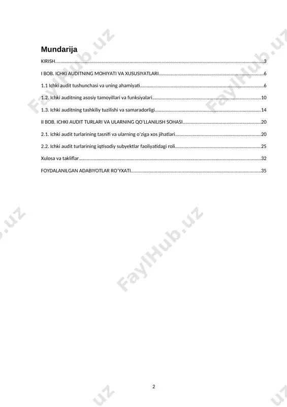 ing turlari va uning xususiyatlari tashkilotlarning turli sohalarida amalga oshiriladigan [footnoteref:1]audit faoliyatini tartibga soladi. ichki audit turlariga moliyaviy audit, operatsion audit, boshqaruv auditini kiritish mumkin. har bir tur o‘ziga xos metodologiyalarni, tekshiruv usullarini va natijalarni tahlil qilish yondashuvlarini talab qiladi. shuningdek, ichki auditning xususiyatlari tashkilotning strategik maqsadlariga, soha xususiyatlariga va faoliyatning murakkabligiga qarab farq qiladi. [1: www.lex.uz (o‘z.r. qonun hujjatlari ma’lumotlari milliy bazasi) ] o‘zbekiston respublikasida ichki audit tizimi ham shu kabi turlarga bo‘lingan va har bir turi o‘ziga xos huquqiy me’yorlarga asoslanadi. ichki auditning samarali ishlashini ta’minlash uchun davlat tomonidan tashkil etilgan tartib-qoidalar va normativ hujjatlar auditorlarning faoliyatini doimiy ravishda nazorat qilish, ularning ishlash prinsiplari va metodologiyalarini yangilashni ko‘zda tutadi. shu nuqtai nazardan, ushbu kurs ishi ichki auditning xususiyatlari va turlari, shuningdek, o‘zbekistondagi ichki audit tizimini tartibga soluvchi huquqiy hujjatlar, qonunlar va qarorlar haqida batafsil ma’lumot beradi. ayniqsa, ichki auditning huquqiy va normativ asoslari, ularning korxonalarda qanday qo‘llanilishini va …