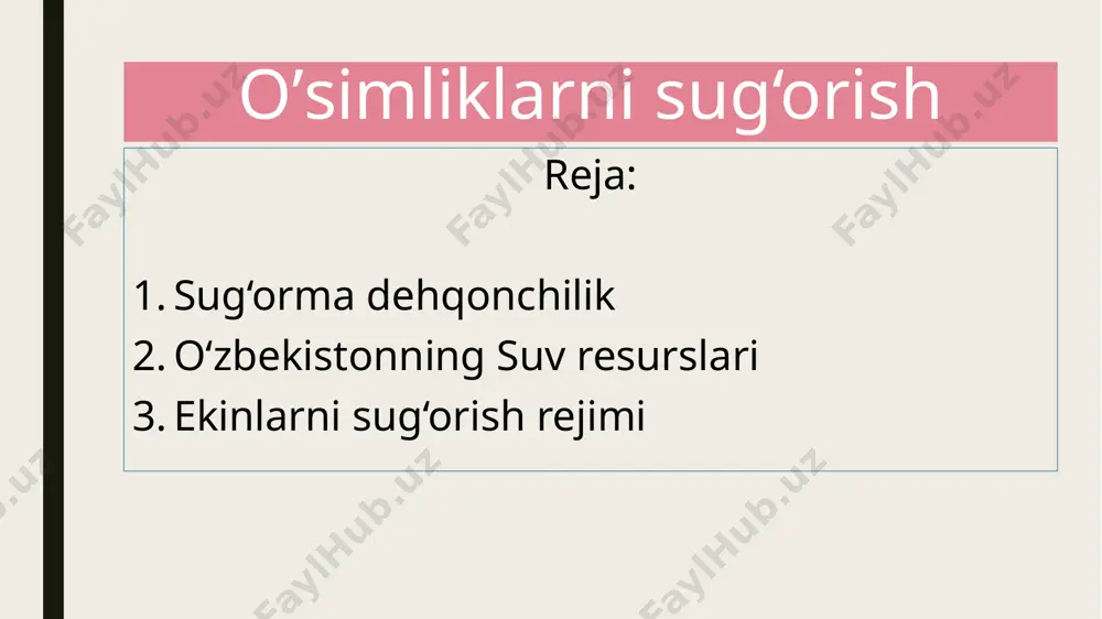 ik buyuk britaniya, gfr, belgiya singari namlik yetarli va hatto ortiqcha boʻlgan mamlakatlarda ham rivojlanmoqsa. sugʻorma sharoitlarda asosan don (sholi, bugʻdoy, makkajoʻxori, tariq, joʻxori, dukkakli don), texnika ekinlari (gʻoʻza, kanop, zigʻir, shakarqamish, va boshqalar), yem-xashak, sabzavot, meva va rezavor mevalar oʻstiriladi. sugʻorma dehqonchilikni olib borish uchun sugʻorish sistemalari barpo qilinadi. ekinlar tarkibi qatʼiy ixtisoslashadi. almashlab ekmshda yetakchi ekin koʻproq ekiladi. sugʻoriladigan ekinlarni parvarish qilish texnologiyasida ikdim va tuproq sharoitlari, ekinning xususiyati va navi bilan bogʻliq boʻlgan suv berish muddatlari va normalarini toʻgʻri belgilash katta ahamiyatga ega. sugʻorma dehqonchilikda tuproqni ishlash; asosiy (kapital) va joriy (ekspluatatsiyey) tekislash — sugʻoriladigan maydon boʻylab suvning ravon oqishini taʼminlash uchun yer yuzasini tekislash; 30—35 sm chuq.da shudgorlash va yerga ekishdan oldin ishlov berish (boronalash, chizellash va boshqalar); dalani takroriy ekish uchun tayyorlash; butun vegetatsiya davomida ekin qator oralariga ishlov berish (chopiqtalab ekinlar maydonlarida har bir sugʻorishdan keyin tuproqni yumshatish); muvaqqat sugʻorish shoxobchalarini, oʻqariq va dahanalarni …