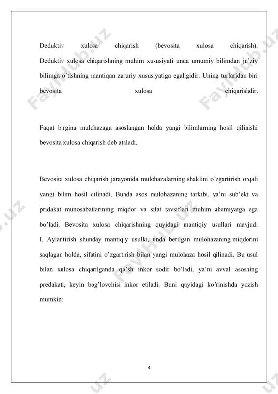 ama-qarshilik munosabati a va e mulohazalar o’rtasida mavjud bo’lib, ziddiyat qonuniga bo’ysunadi. bu munosabatdagi mulohazalardan birining chinligidan boshqasining chinligini asoslab bermaydi, chunki har ikki mulohaza ham xato bo’lishi mumkin.qarama-qarshilik munosabatidan , ko’rinishida xulosa chiqarish mumkin. qisman moslik (subkontrarlik) munosabatiga asoslangan holda xulosa chiqarish. bu munosabat ju’ziy tasdiq (i) va ju’ziy inkor (o) mulohazalar o’rtasida mavjud bo'ladi. bu mulohazalarning har ikkisi bir vaqtda chin bo’lishi mumkin, lekin bir vaqtda xato bo’lmaydi. ulardan birining xatoligi aniq bo’lsa, ikkinchisi chin bo'ladi. qisman moslik munosabati asosida xulosa chiqarish ; ; ; ko’rinishda bo'ladi. bo’ysunish munosabatiga asoslangan holda xulosa chiqarish. bu munosabat sifatlari bir xil bo’lgan umumiy va ju’ziy mulohazalar(a va i; e va o) o’rtasida mavjud bo'ladi. umumiy bo’ysundiruvchi mulohazalar chin bo’lsa, ju’ziy-bo’ysunuvchi mulohazalar ham chin bo'ladi. lekin bo’ysunuvchi-ju’ziy mulohazalarning chinligidan bo’ysundiruvchi –umumiy mulohazalarning chinligi haqida xulosa chiqarib bo’lmaydi. chunki bunday holda umumiy mulohazalar chin uoki xato bo’lishi mumkin. shunga ko’ra,bo’ysunish munosabatiga asoslangan xulosa …