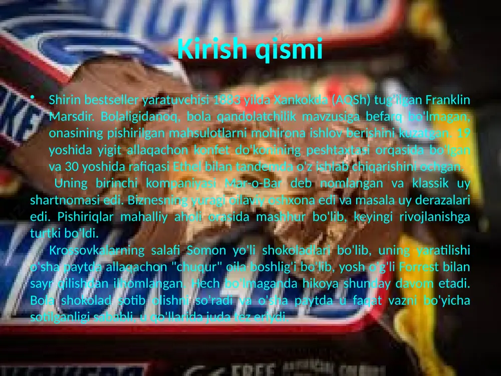 tun dunyoda mavjud bo'lgan mashhur shokolad brendi. snickers shokoladli qandolat mahsulotlari toifasiga kiradi va uning tarkibida nuga, yeryong'oq va sutli shokoladga botirilgan karamel kabi ingredientlar mavjud. snickers mijozlarga ochlikdan qoniqishni va'da qiladi. bu shokoladli bar, lekin u snack bar sifatida sotiladi. uning marketing aralashmasida snickers munch, snickers mini, more choc, more caramel, more nuts, x-treme, snickers duo, marathon energy bars va boshqa ko'plab o'zgarishlardan iborat keng mahsulot portfeliga ega. 25gm barning kaloriyali qiymati 124kkal, 50gm esa 248kkal. bosh kompaniya hindiston bozorida vegetarian shokoladlarining ehtiyojlarini tushundi. xususan, ular yashil sabzavot belgisi bo'lgan shokolad barini ishga tushirishdi. u ozuqaviy ahamiyatga ega bo'lgan sog'lomlashtirish klubi sifatida qaraladi va yaxshi ta'mni kafolatlaydi. snickers brendi og'iz bo'shlig'ining erishi tufayli mashhur. prognoz protein va mustahkam suyaklar uchun zarur bo'lgan kaltsiy va unumdorlikni yaxshilaydigan sink kabi minerallar bilan ta'minlaydi. amerika sog'lom ovqatlanish jamiyati tomonidan o'tkazilgan tadqiqotga ko'ra, kakao moyining oz miqhdori xolesterin darajasini pasaytirishga yordam beradi. u …