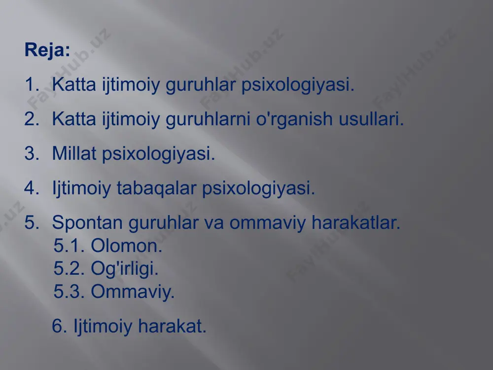 zmning namoyon bo'lishi. xalq etnik hamjamiyat rivojlanishining eng yuqori bosqichi bo'lib, u ma'lum bir iqtisodiy formatsiyaga mos keladi. milliy ruhiyat - ijtimoiy ongning tarkibiy qismi, uning eng muhim tarkibiy qismi. milliy psixologiyaning tuzilishi - uning mazmunini tashkil etuvchi milliy-ruhiy hodisalar majmui, shu jumladan, tizim hosil qiluvchi va dinamik komponentlar. tizimli bo'lganlarga quyidagilar kiradi : milliy o'ziga xoslik; milliy xarakter; milliy manfaatlar, yo'nalishlar; milliy tuyg'ular va kayfiyatlar; an'analar va odatlar. dinamik komponentlar: motivatsion xususiyatlar intellektual va kognitiv xususiyatlar, hissiy-irodaviy xususiyatlar kommunikativ va xulq-atvor xususiyatlari milliy-psixologik xususiyatlar. 4. ijtimoiy tabaqalar psixologiyasi ijtimoiy psixologiyadagi sinflar - bu ijtimoiy ishlab chiqarishning tarixan belgilangan tizimidagi o'rni, ishlab chiqarish vositalariga munosabati, mehnatni ijtimoiy tashkil etishdagi roli, mehnatni olish va olish usullari bilan ajralib turadigan katta uyushgan odamlar guruhlari. ular tasarruf qiladigan ijtimoiy boylik ulushining hajmi. sinf psixologiyasining tuzilishi: yuqori (siyosiy, iqtisodiy elita); yuqori o'rta (yirik korxonalarning egalari, menejerlari); o'rta (kichik tadbirkorlar, menejerlar, ijtimoiy soha ma'murlari, boshqaruv …